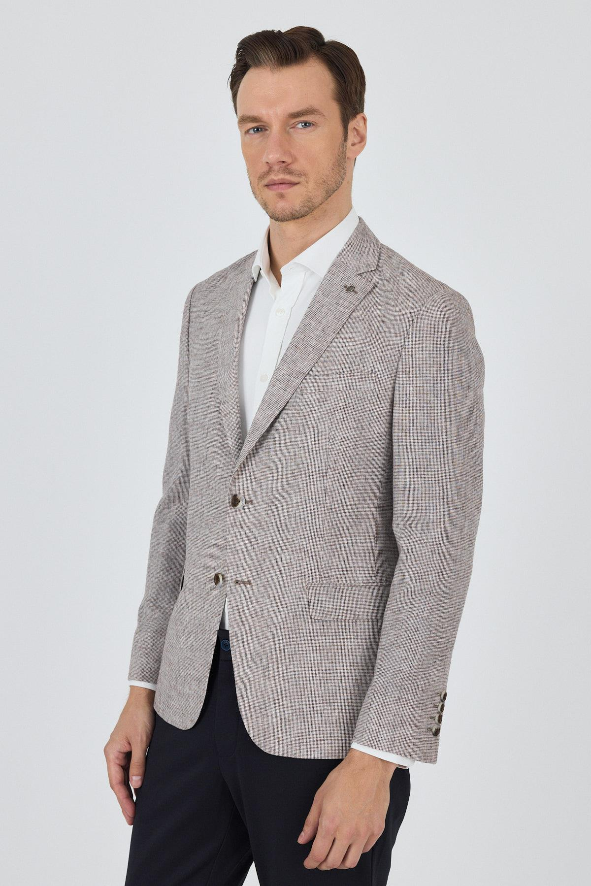 Bej Desen Bez Ayağı Mono Yaka Yarım Astar Keten Karışımlı 6 Drop Slim Fit Ceket 1002250102