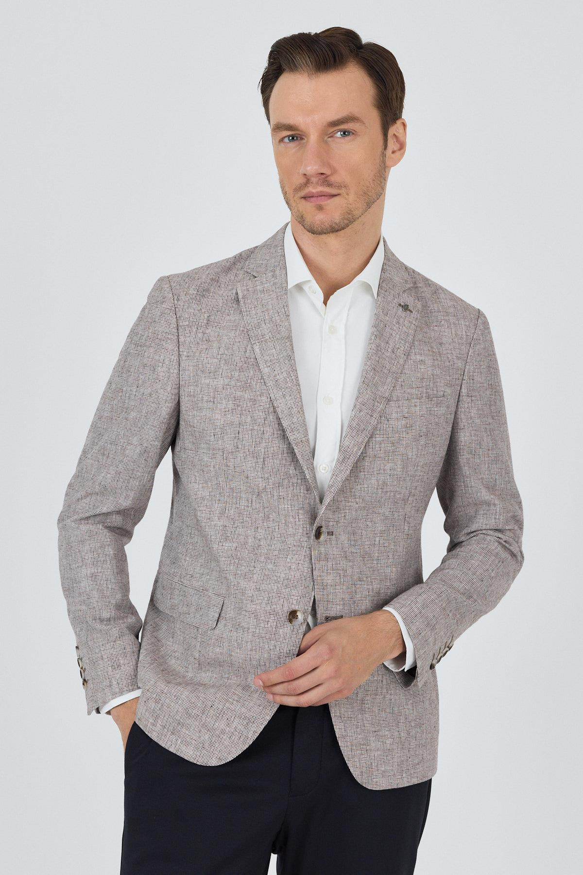 Bej Desen Bez Ayağı Mono Yaka Yarım Astar Keten Karışımlı 6 Drop Slim Fit Ceket 1002250102