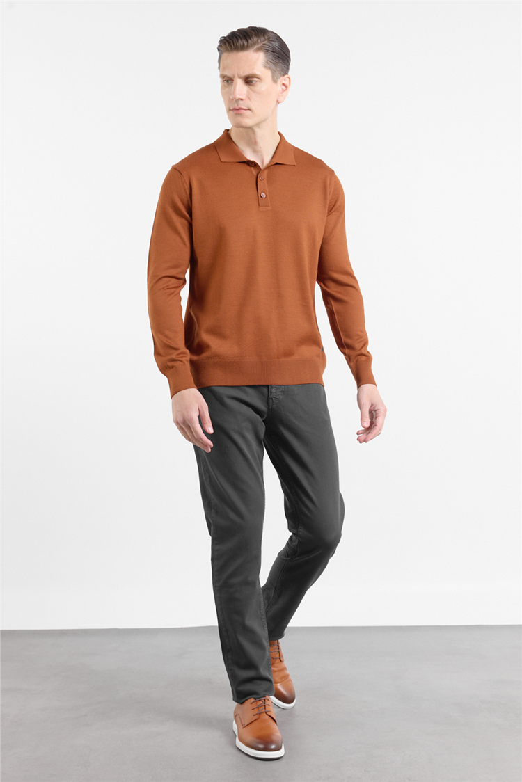 Kırmızı Polo Yaka Cepsiz Comfort Fit Classic  Triko Kazak 1012255155