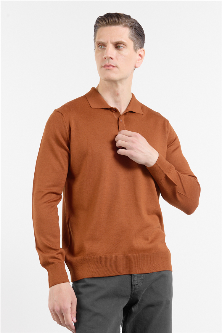 Kırmızı Polo Yaka Cepsiz Comfort Fit Classic  Triko Kazak 1012255155