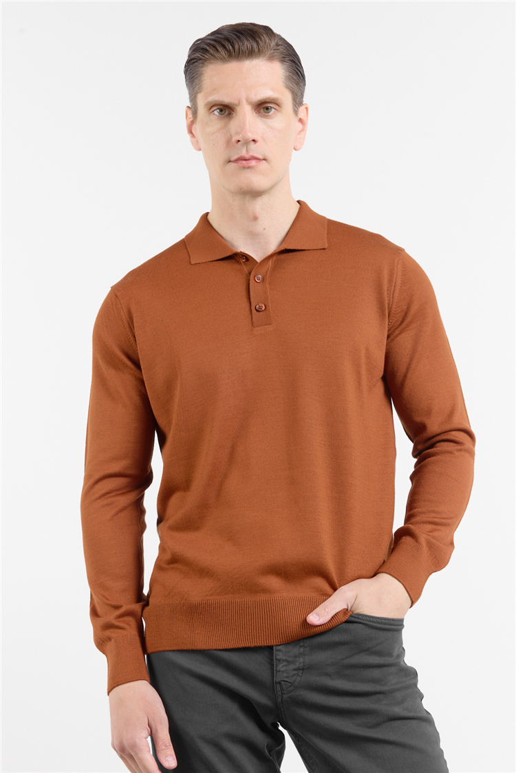 Kırmızı Polo Yaka Cepsiz Comfort Fit Classic  Triko Kazak 1012255155