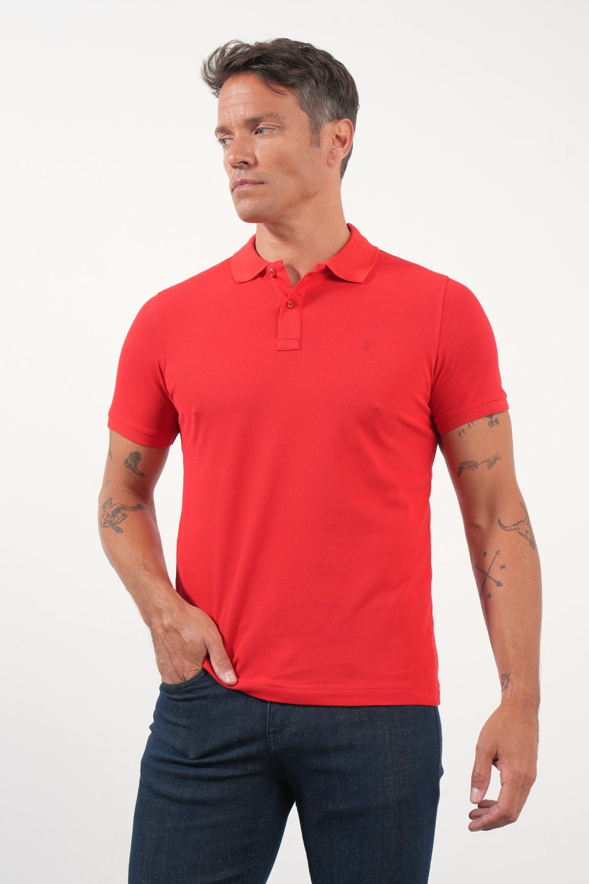 Kırmızı Polo Yaka Pike Kısa Kol Slim Fit Pamuklu Tişört 1011260169