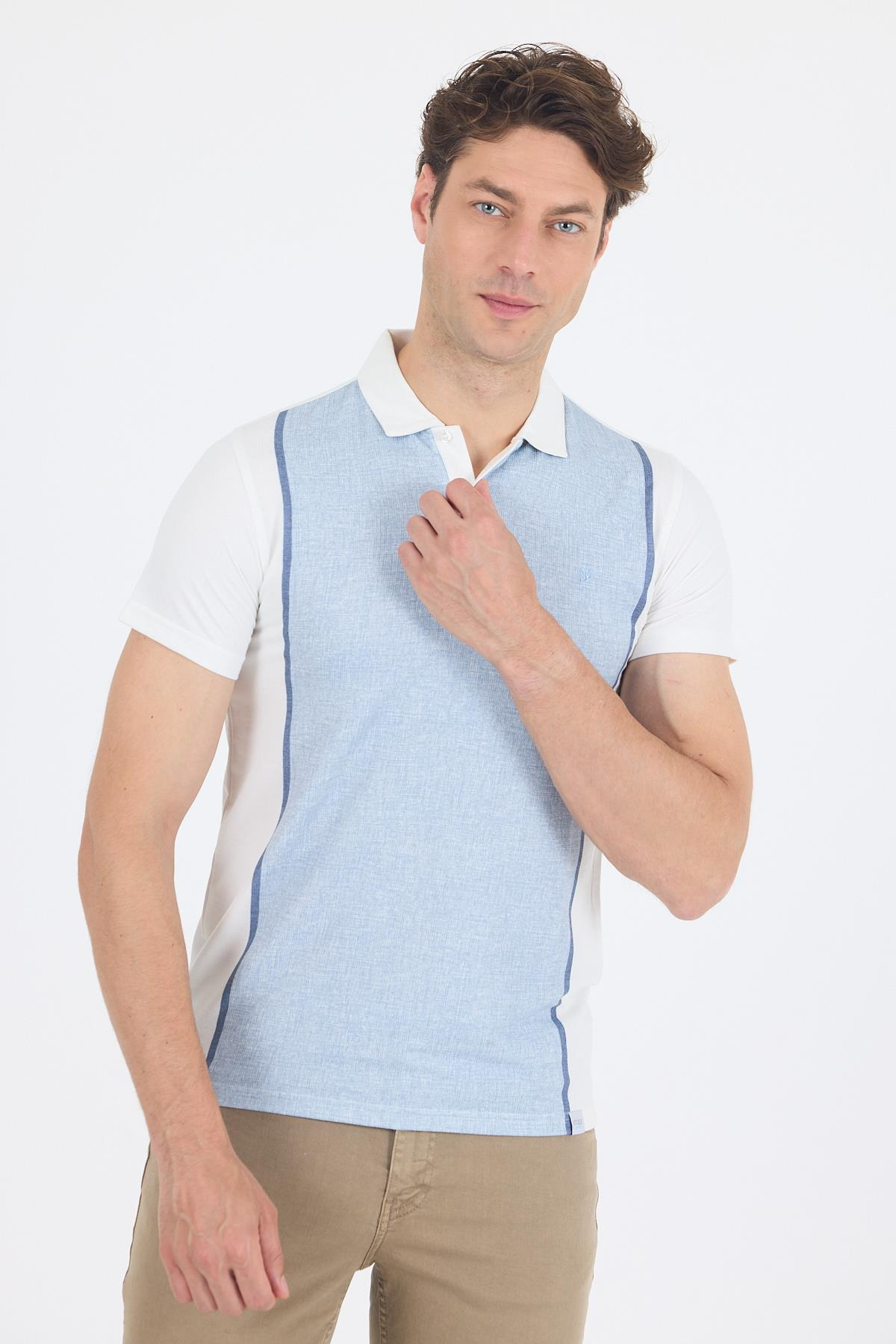Mavi Kısa Kol Baskılı Jakarlı Polo Yaka Cepsiz Slim Fit Tişört 1011250122