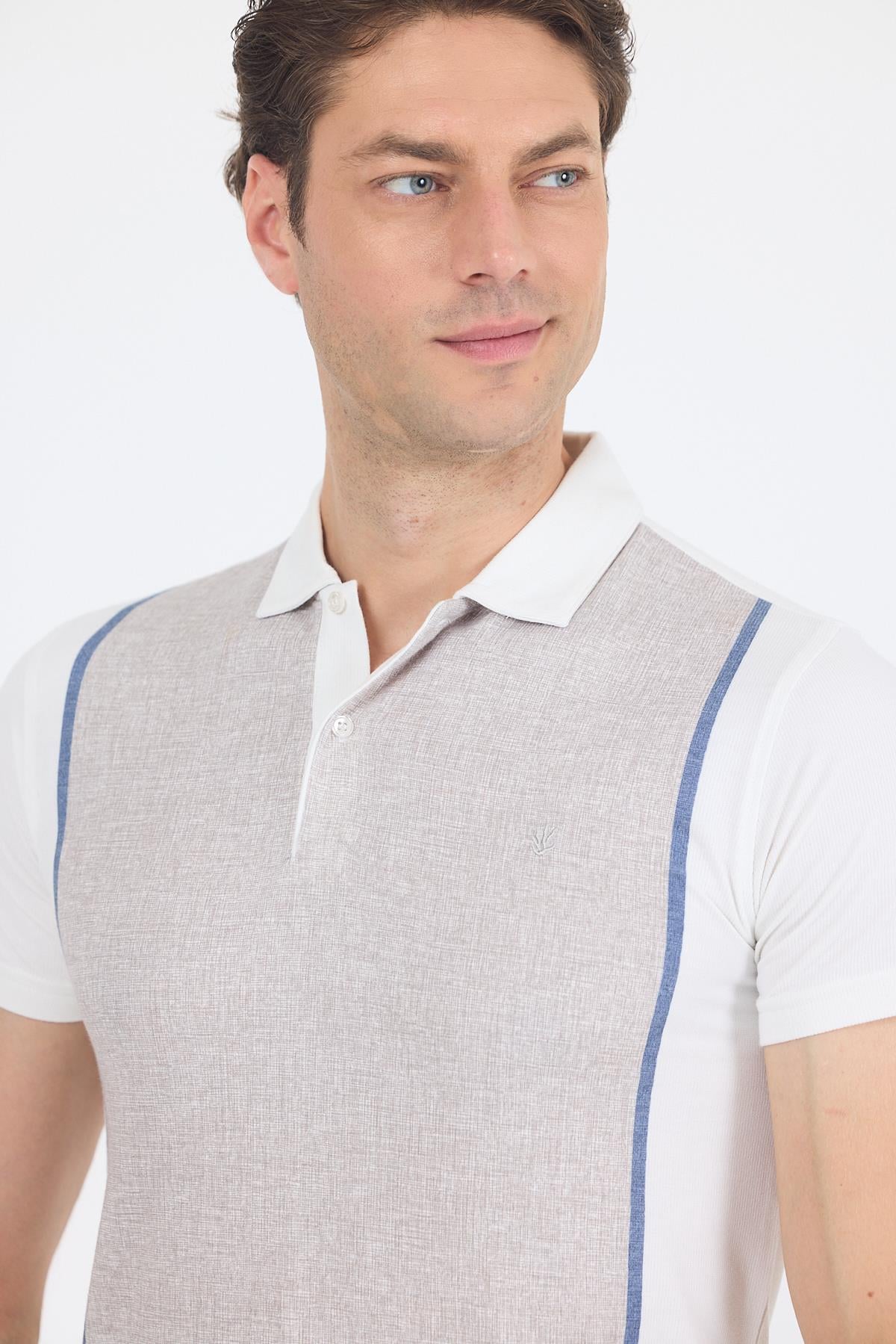 Bej Kısa Kol Baskılı Jakarlı Polo Yaka Cepsiz Slim Fit Tişört 1011250122