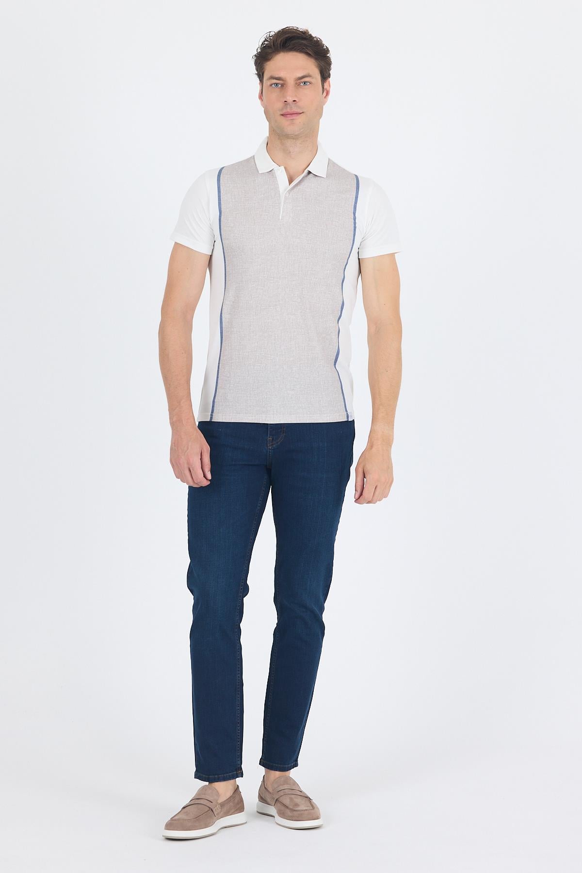 Bej Kısa Kol Baskılı Jakarlı Polo Yaka Cepsiz Slim Fit Tişört 1011250122