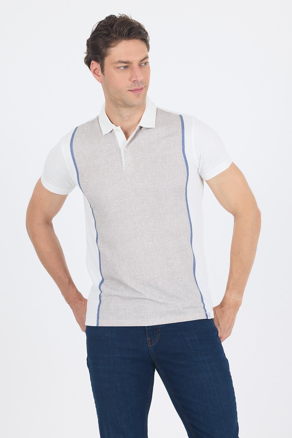 Bej Kısa Kol Baskılı Jakarlı Polo Yaka Cepsiz Slim Fit Tişört 1011250122