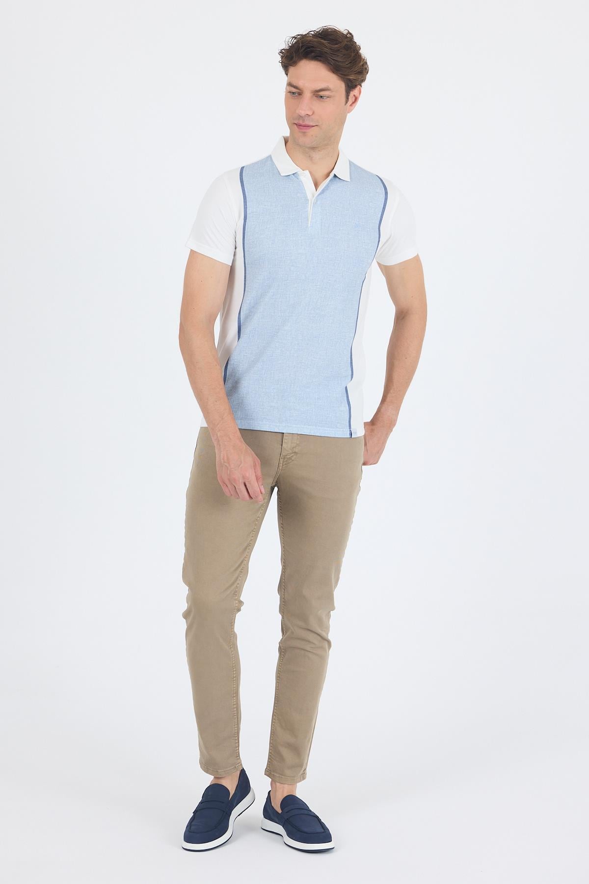 Mavi Kısa Kol Baskılı Jakarlı Polo Yaka Cepsiz Slim Fit Tişört 1011250122