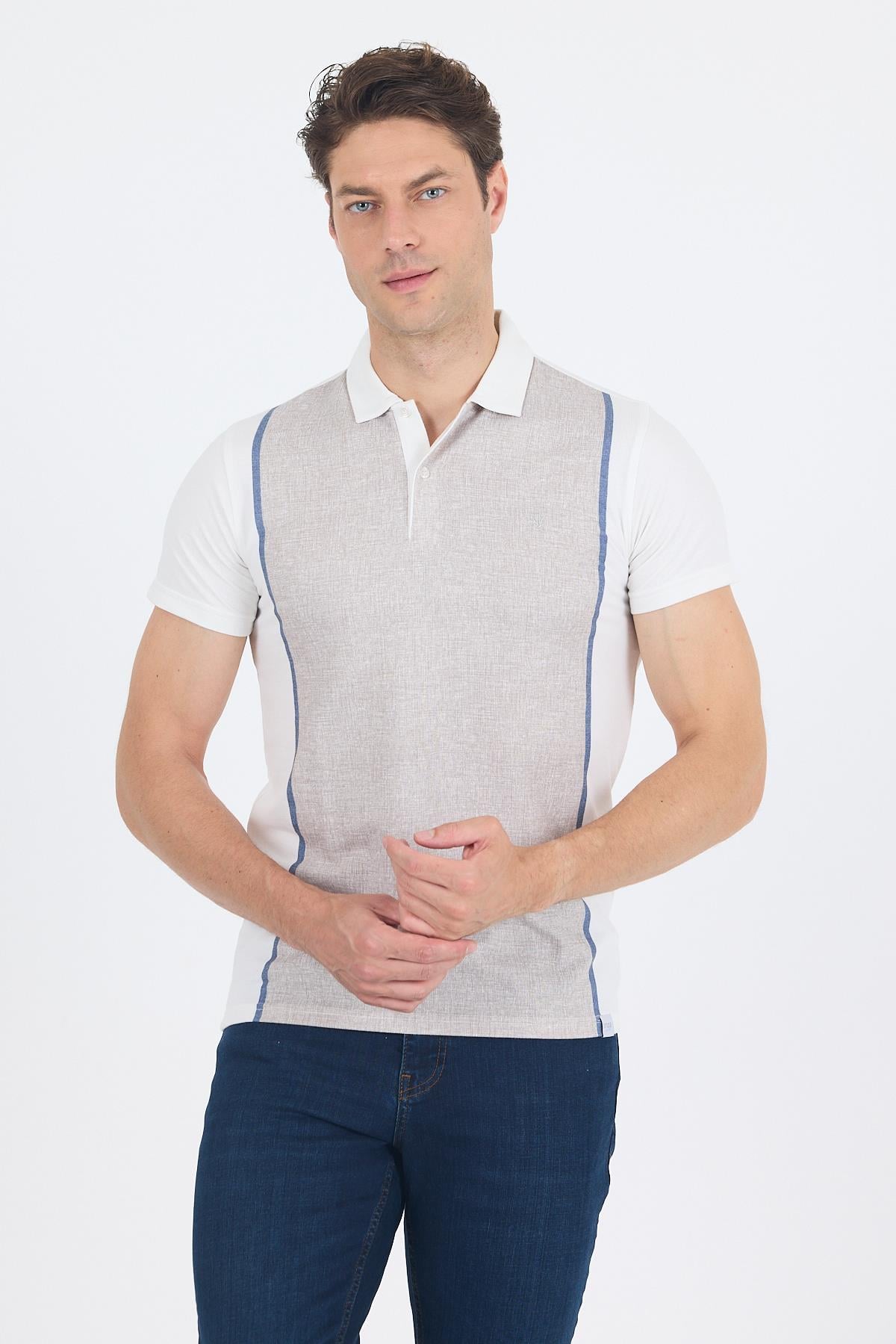 Bej Kısa Kol Baskılı Jakarlı Polo Yaka Cepsiz Slim Fit Tişört 1011250122