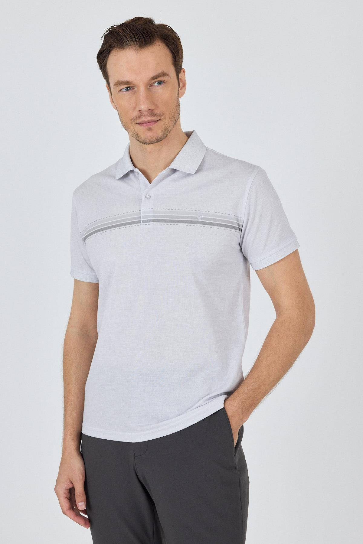 Gri Kısa Kol Baskılı Pike Polo Yaka Cepsiz Slim Fit Tişört 1011250168