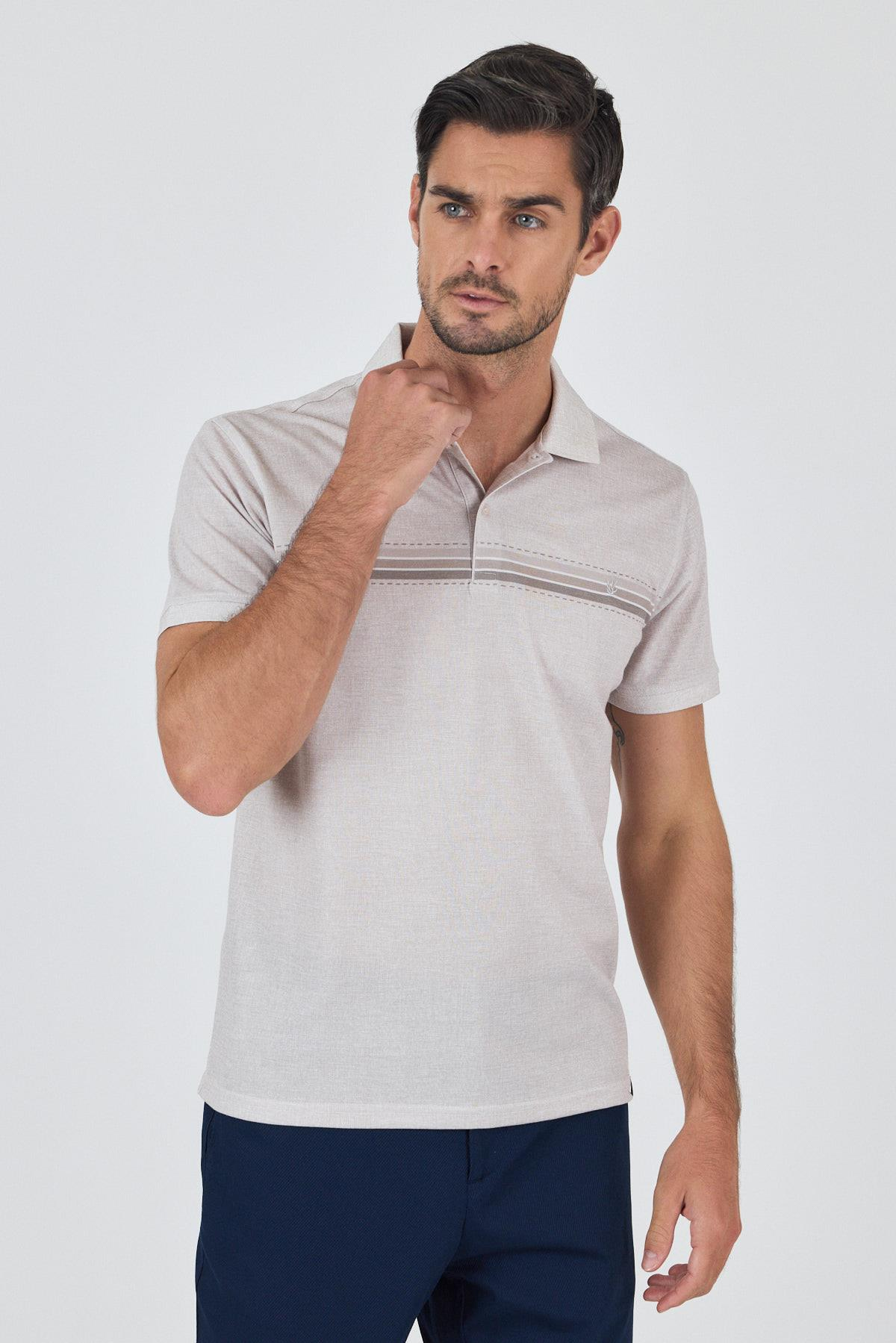 Bej Kısa Kol Baskılı Pike Polo Yaka Cepsiz Slim Fit Tişört 1011250168