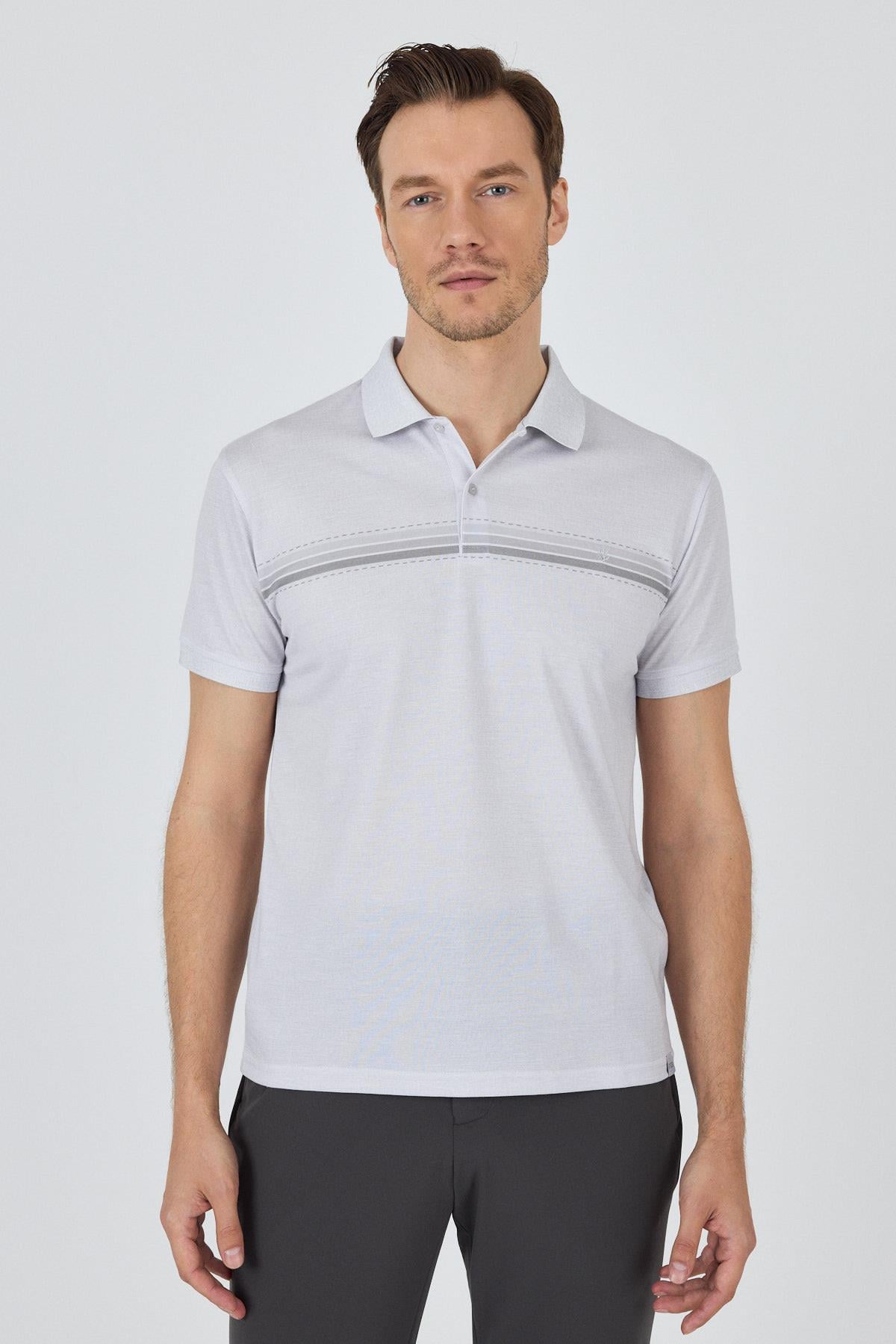 Gri Kısa Kol Baskılı Pike Polo Yaka Cepsiz Slim Fit Tişört 1011250168
