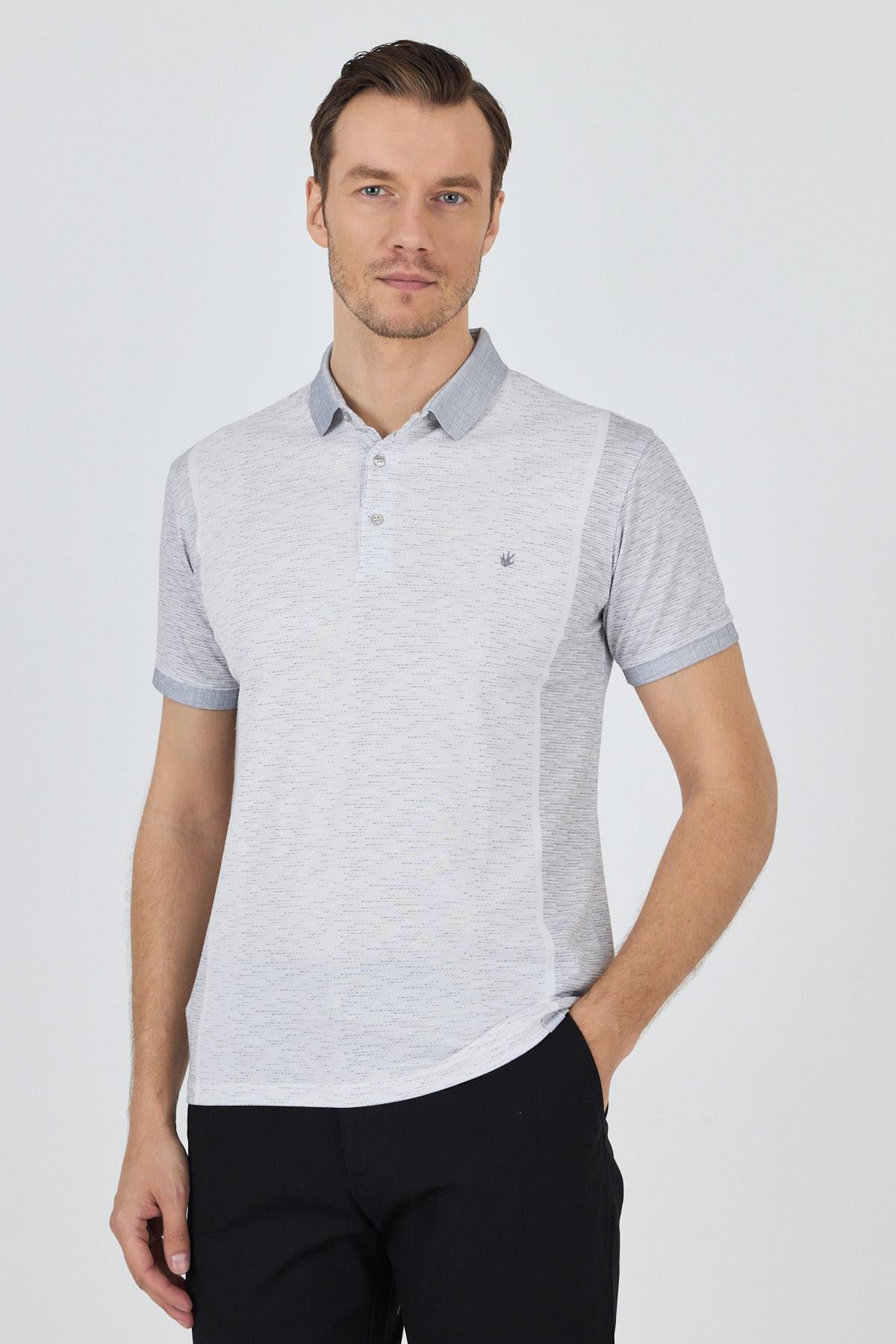Gri Kısa Kol Baskılı Pike Polo Yaka Cepsiz Slim Fit Tişört 1011250167