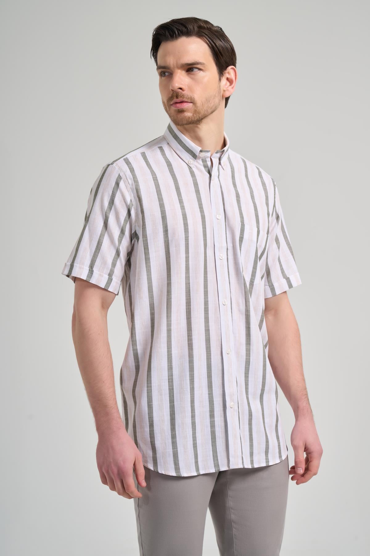 Yeşil Kol Çizgili Desen Bez Ayağı Düğmeli Yaka cepli Pamuklu Casual Comfort Fit Gömlek 1004250167