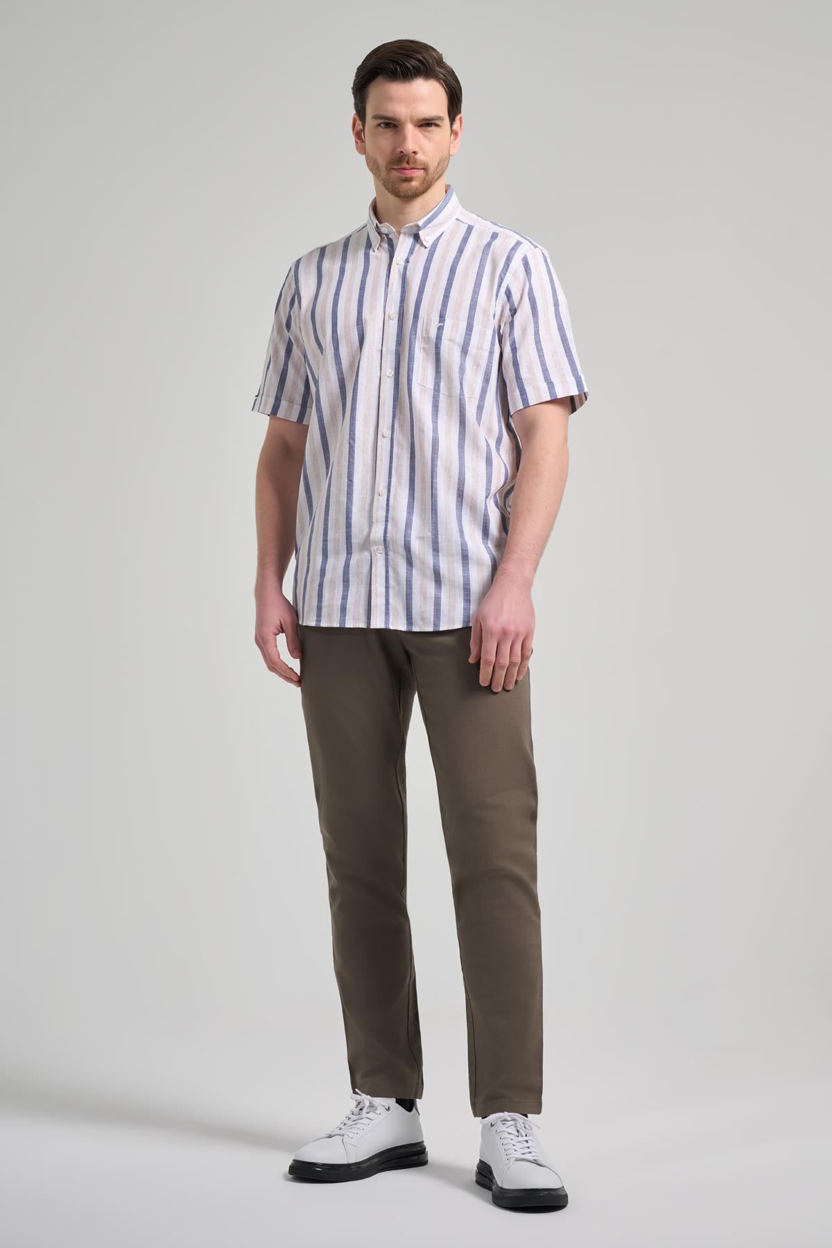 Lacivert Kol Çizgili Desen Bez Ayağı Düğmeli Yaka cepli Pamuklu Casual Comfort Fit Gömlek 1004250167