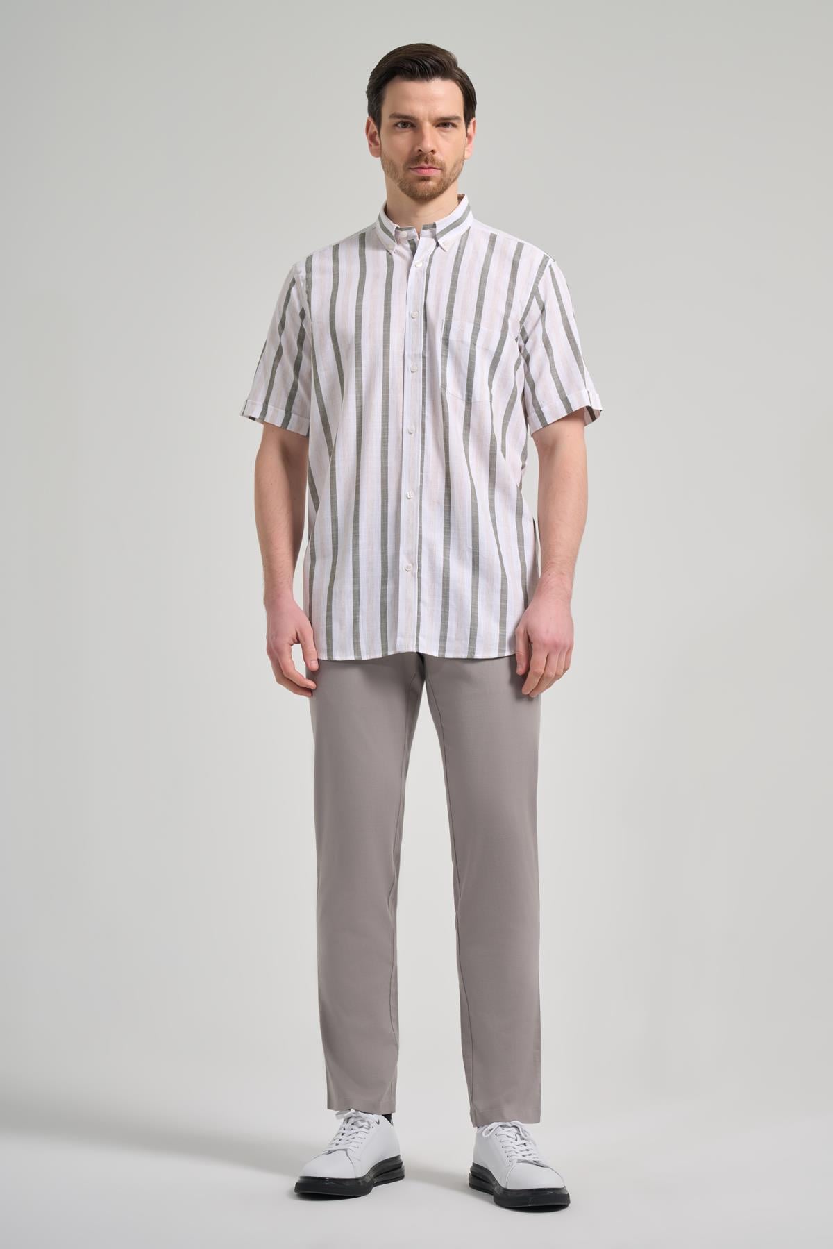 Yeşil Kol Çizgili Desen Bez Ayağı Düğmeli Yaka cepli Pamuklu Casual Comfort Fit Gömlek 1004250167