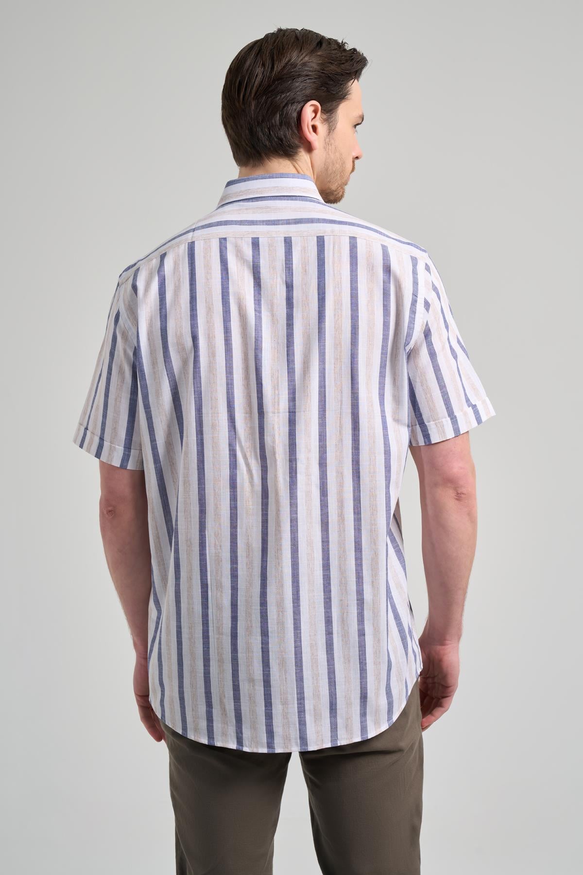 Lacivert Kol Çizgili Desen Bez Ayağı Düğmeli Yaka cepli Pamuklu Casual Comfort Fit Gömlek 1004250167