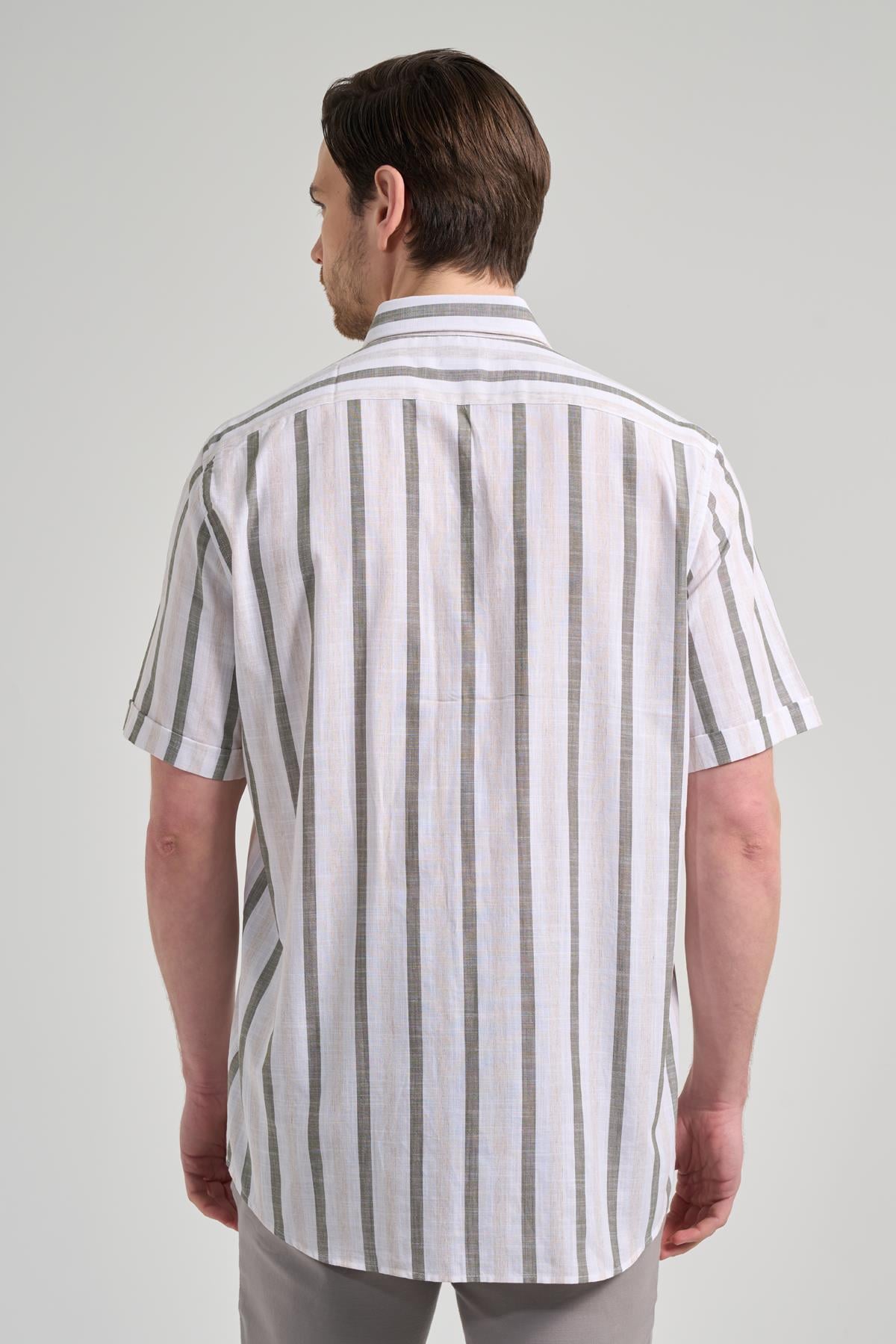 Yeşil Kol Çizgili Desen Bez Ayağı Düğmeli Yaka cepli Pamuklu Casual Comfort Fit Gömlek 1004250167