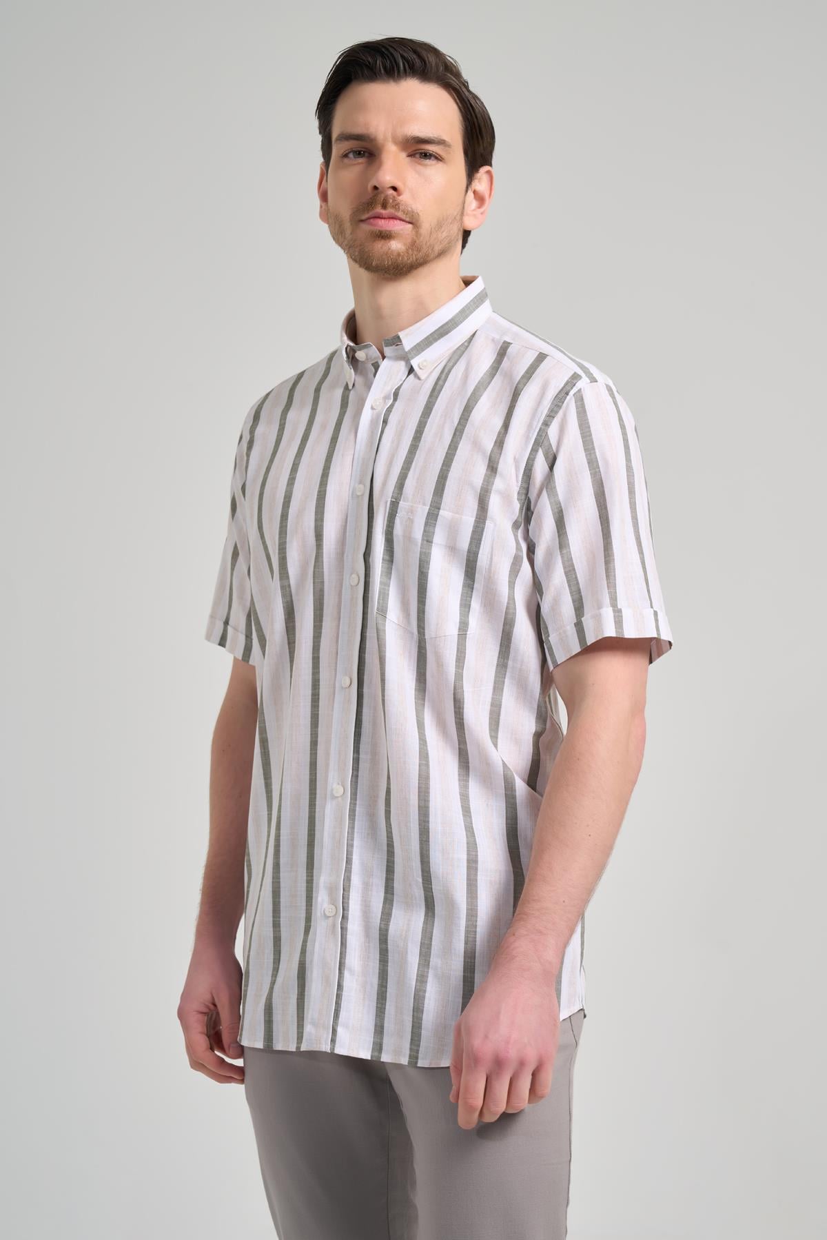 Yeşil Kol Çizgili Desen Bez Ayağı Düğmeli Yaka cepli Pamuklu Casual Comfort Fit Gömlek 1004250167