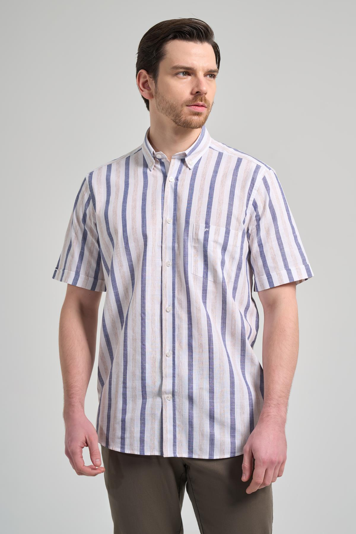 Lacivert Kol Çizgili Desen Bez Ayağı Düğmeli Yaka cepli Pamuklu Casual Comfort Fit Gömlek 1004250167