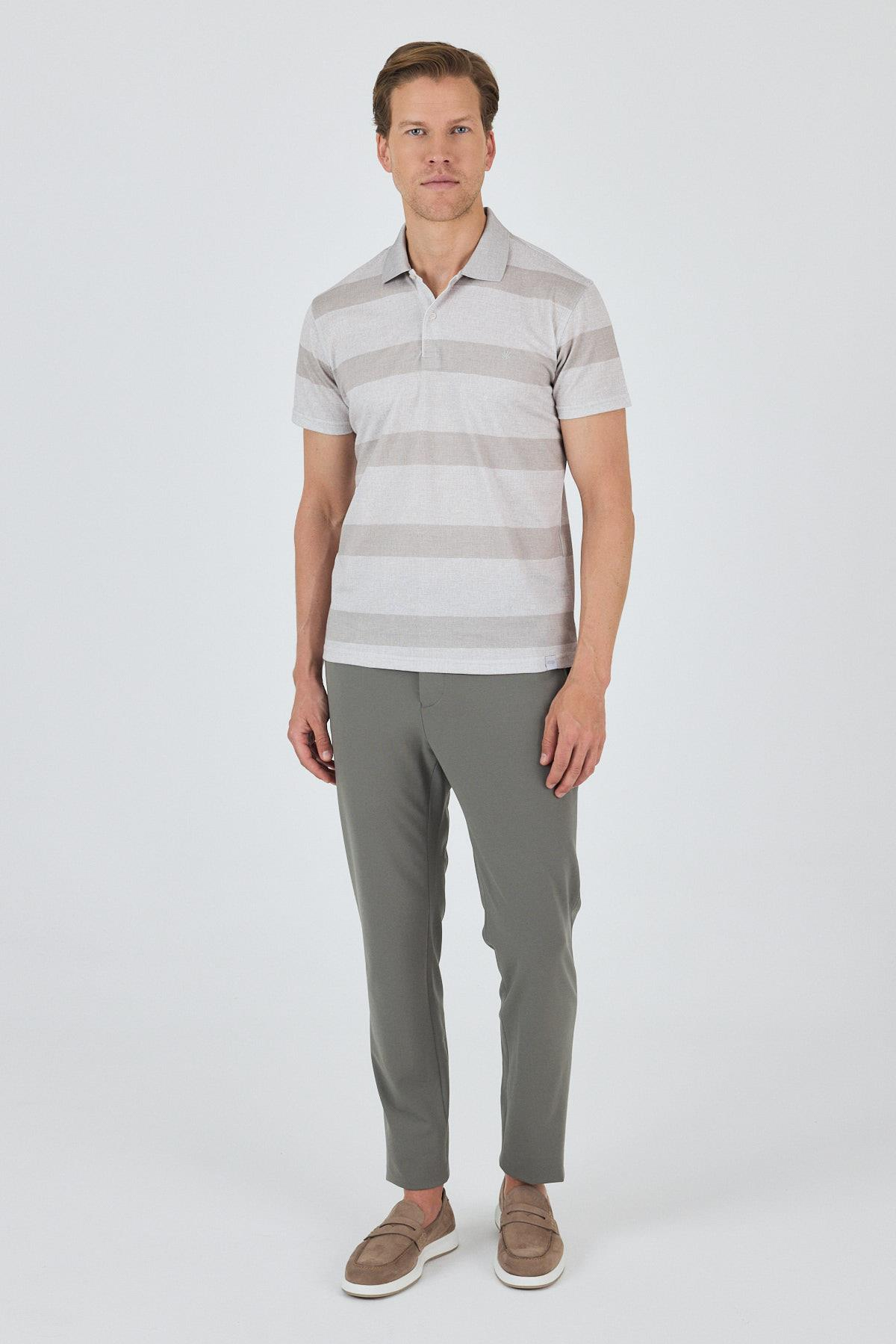 Bej Kısa Kol Desenli Pike Polo Yaka Cepsiz Slim Fit Tişört 1011250128