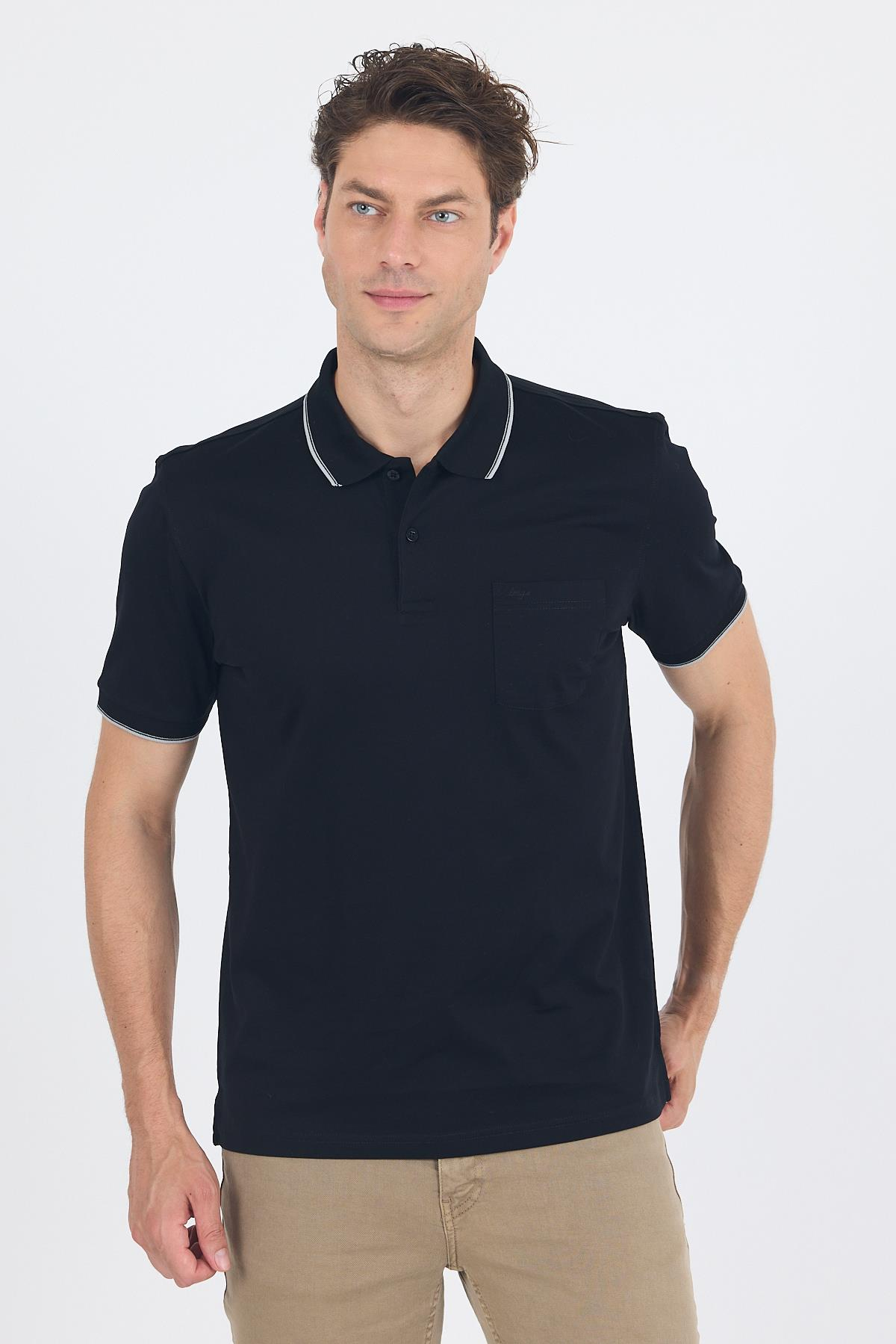 Siyah Kol Düz Suprem Polo Yaka Cepli %100 Pamuk Comfort Fit Tişört 1011250189