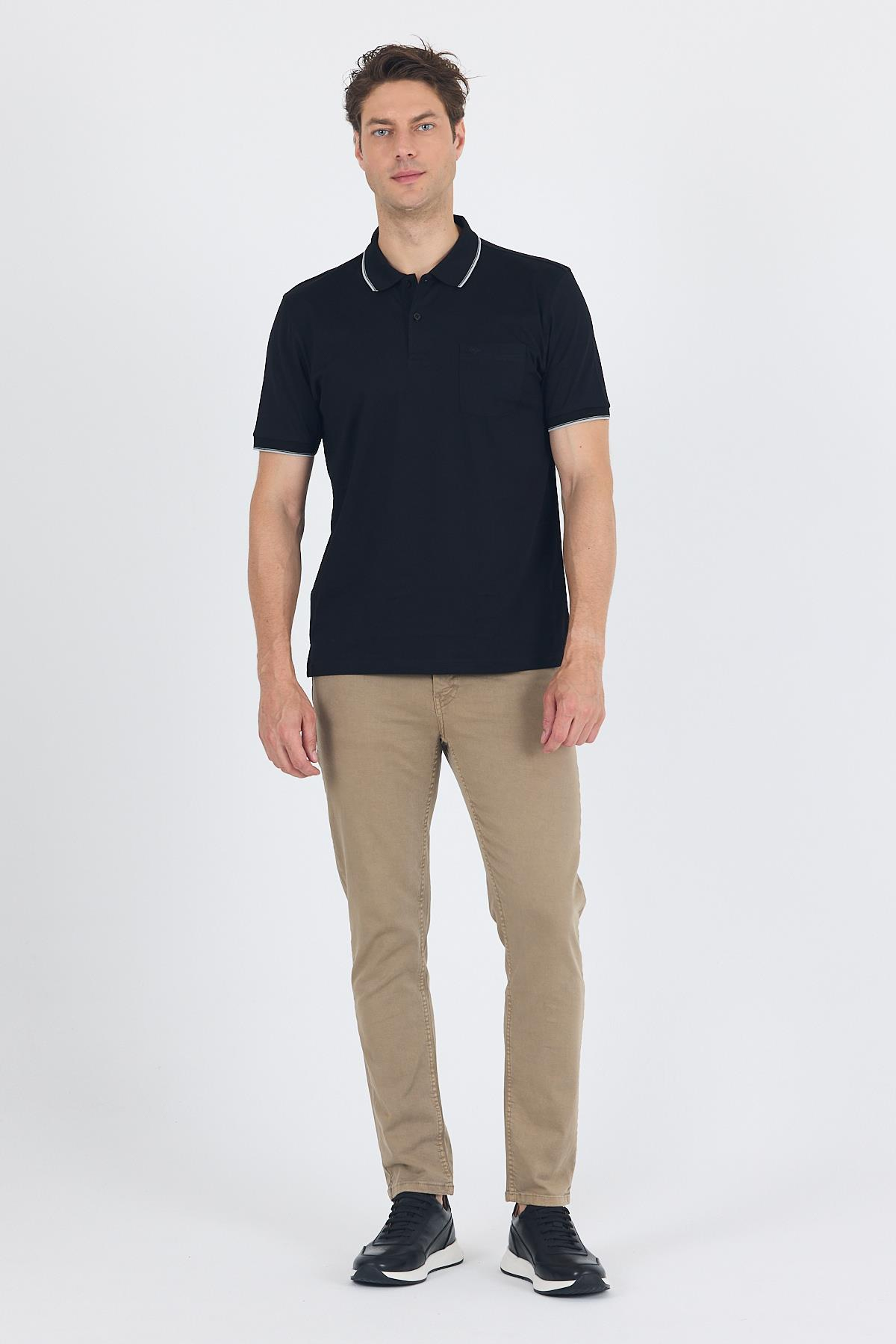 Siyah Kol Düz Suprem Polo Yaka Cepli %100 Pamuk Comfort Fit Tişört 1011250189