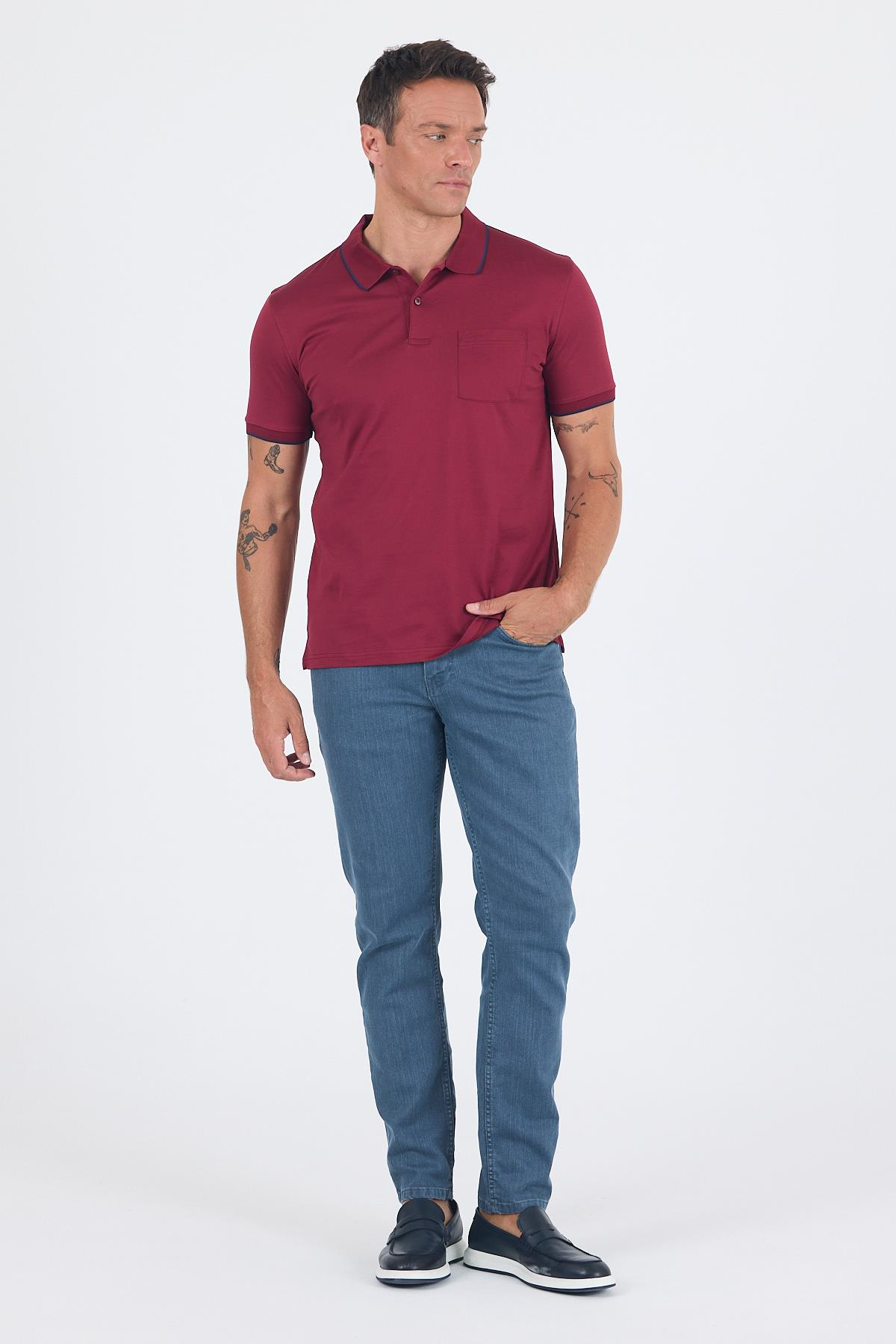 Bordo Kol Düz Suprem Polo Yaka Cepli %100 Pamuk Comfort Fit Tişört 1011250189