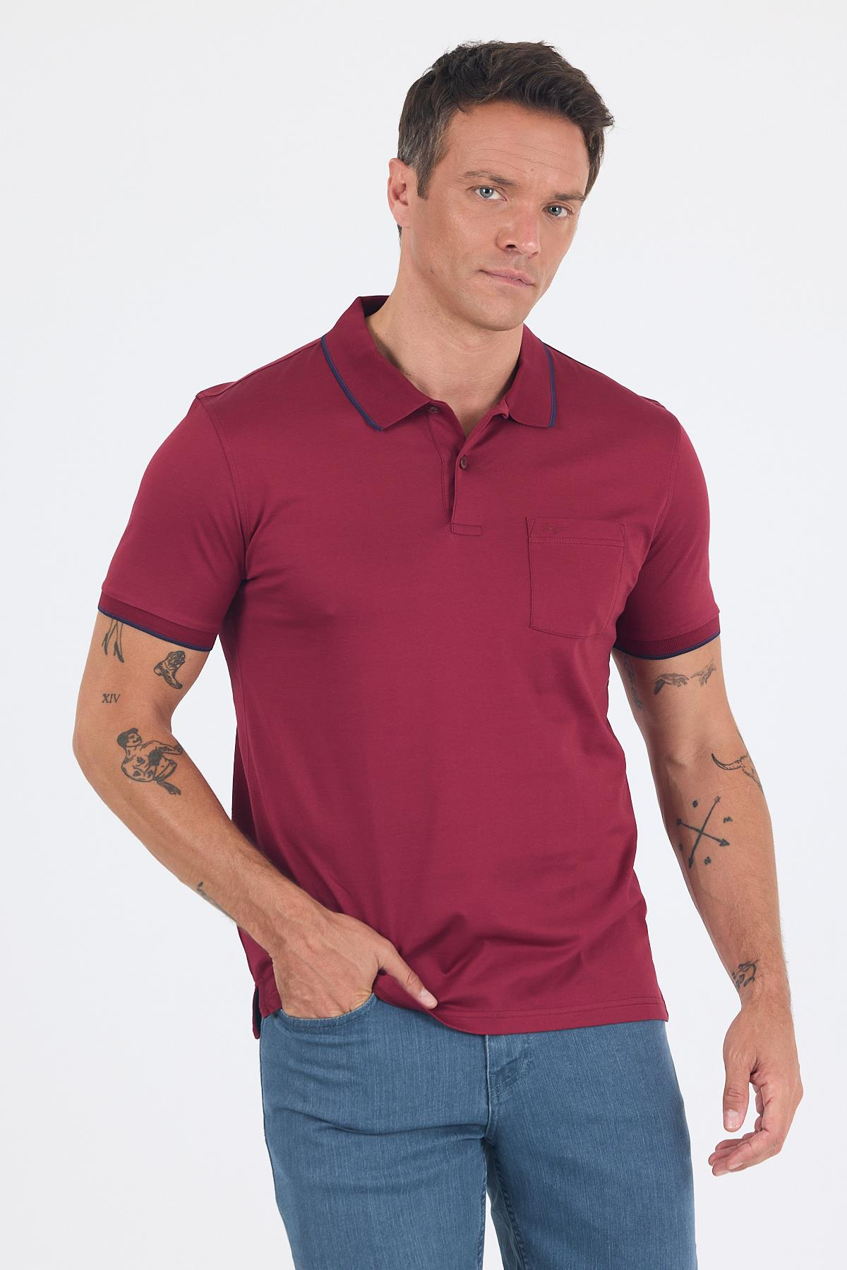 Bordo Kol Düz Suprem Polo Yaka Cepli %100 Pamuk Comfort Fit Tişört 1011250189