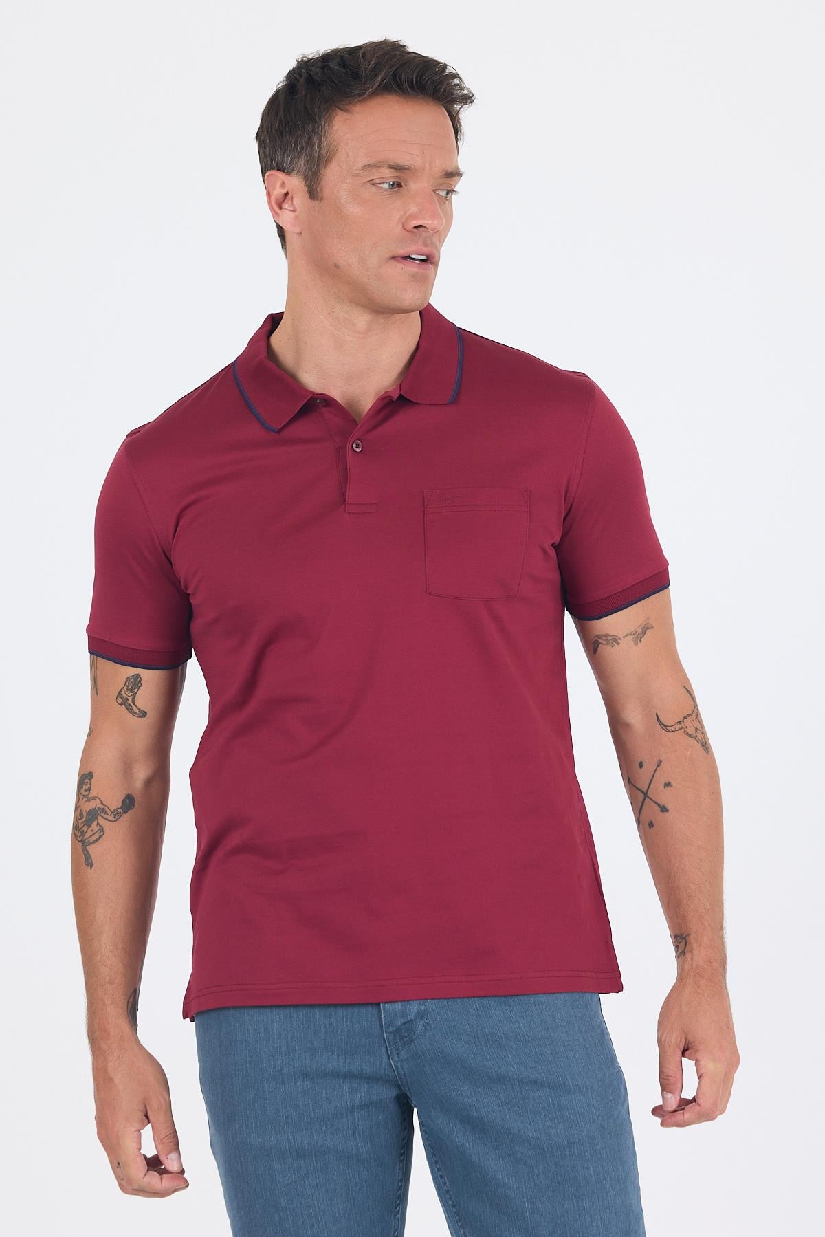 Bordo Kol Düz Suprem Polo Yaka Cepli %100 Pamuk Comfort Fit Tişört 1011250189