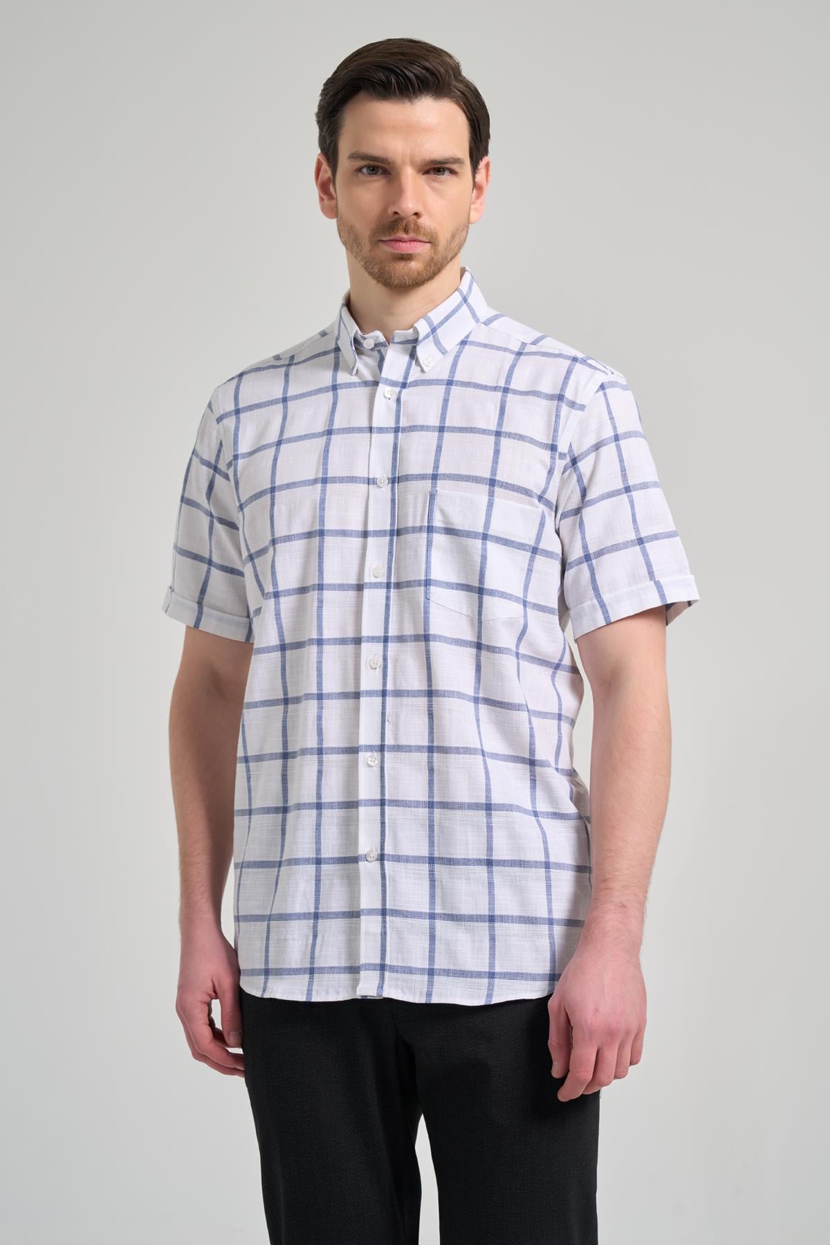 Beyaz Kol Ekose Desen Armürlü Düğmeli Yaka cepli Pamuklu Classic Comfort Fit Gömlek 1004250166