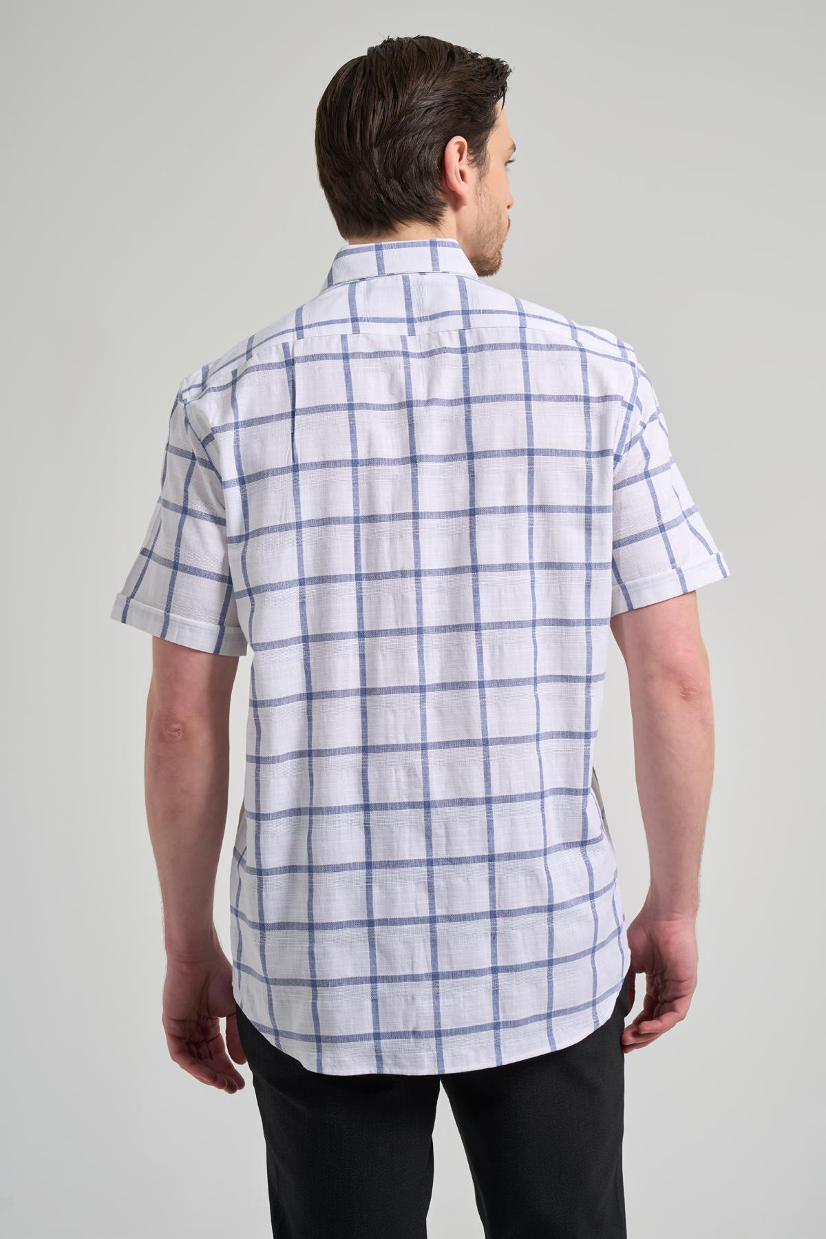 Beyaz Kol Ekose Desen Armürlü Düğmeli Yaka cepli Pamuklu Classic Comfort Fit Gömlek 1004250166