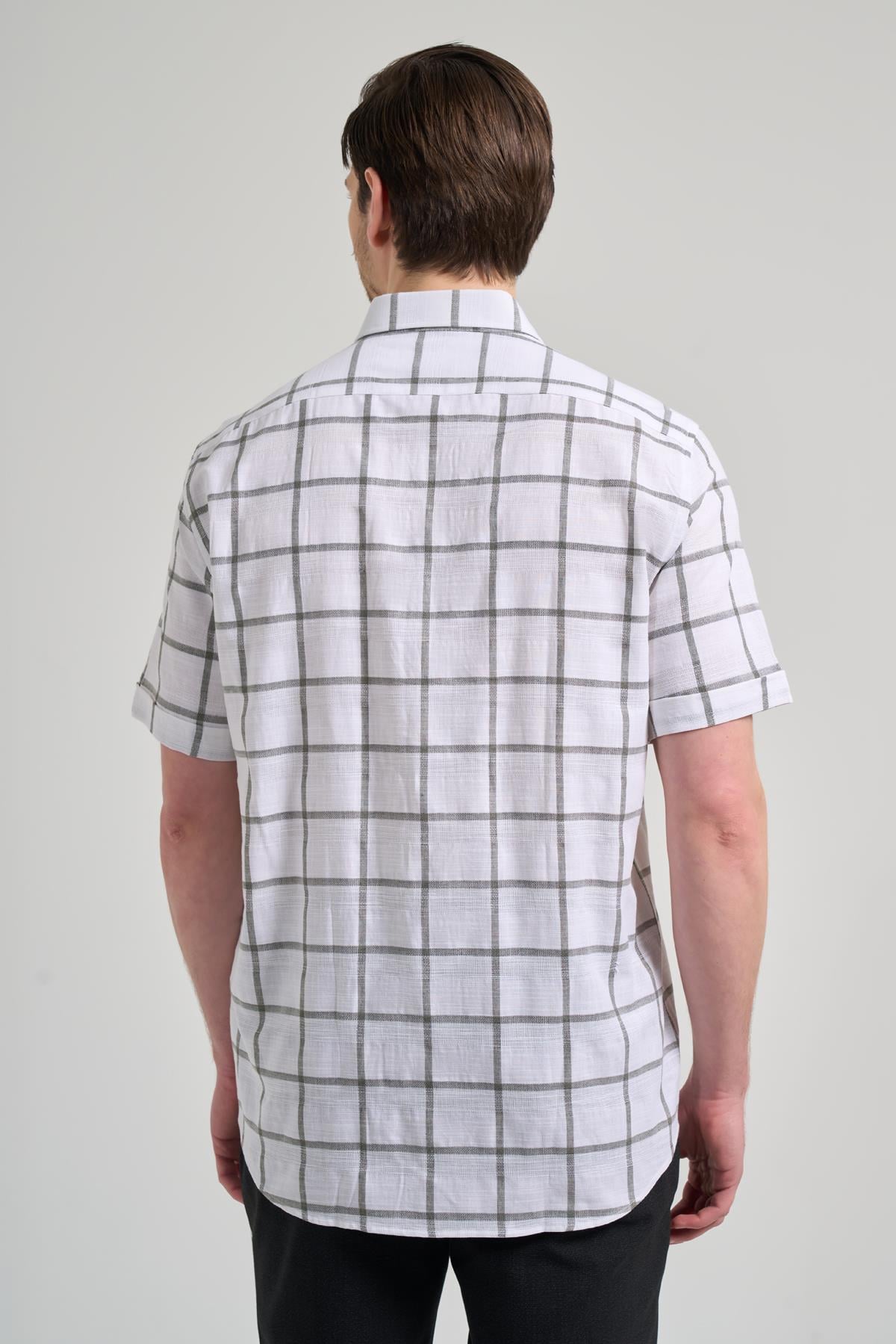 Beyaz Kol Ekose Desen Armürlü Düğmeli Yaka cepli Pamuklu Classic Comfort Fit Gömlek 1004250166