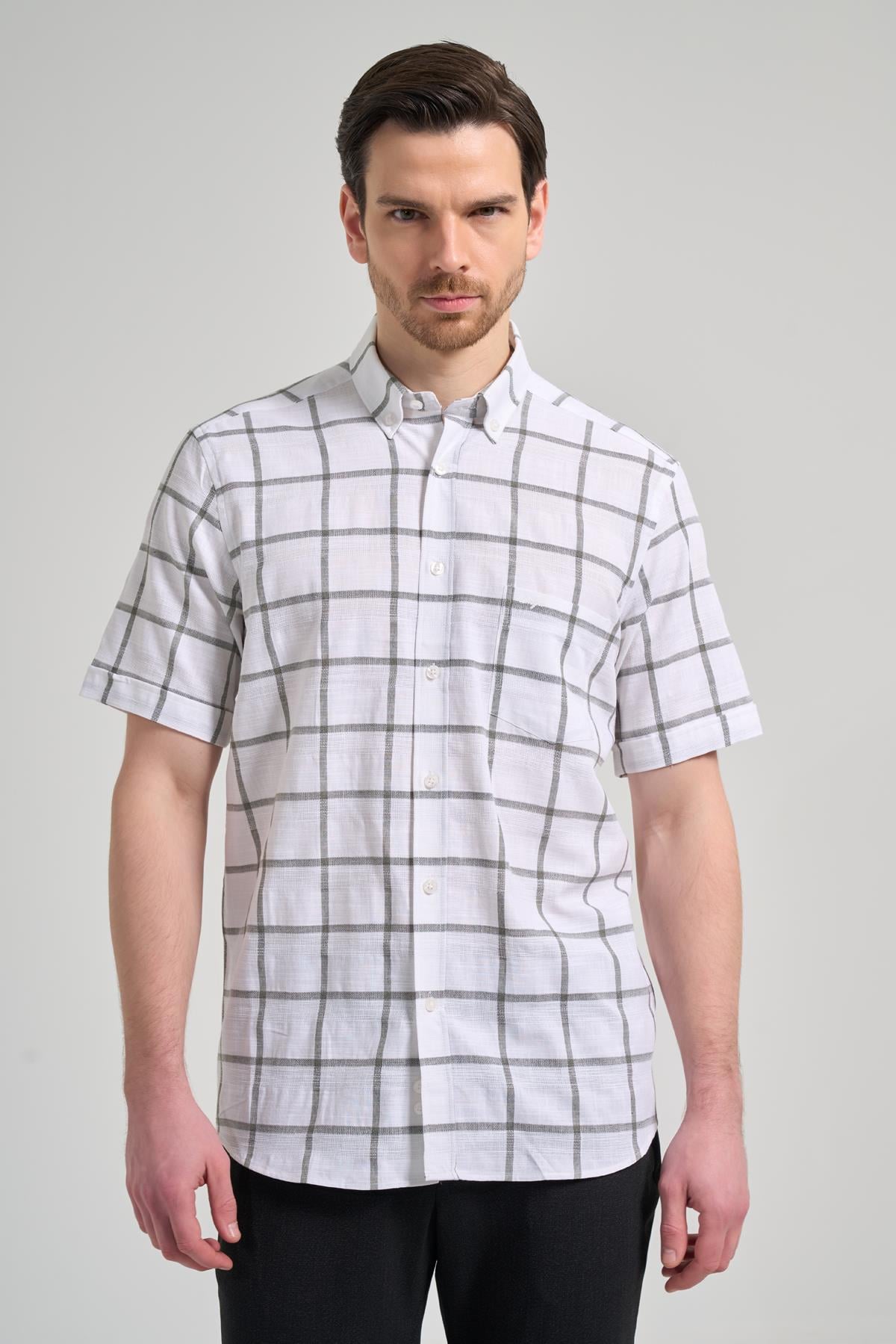 Beyaz Kol Ekose Desen Armürlü Düğmeli Yaka cepli Pamuklu Classic Comfort Fit Gömlek 1004250166