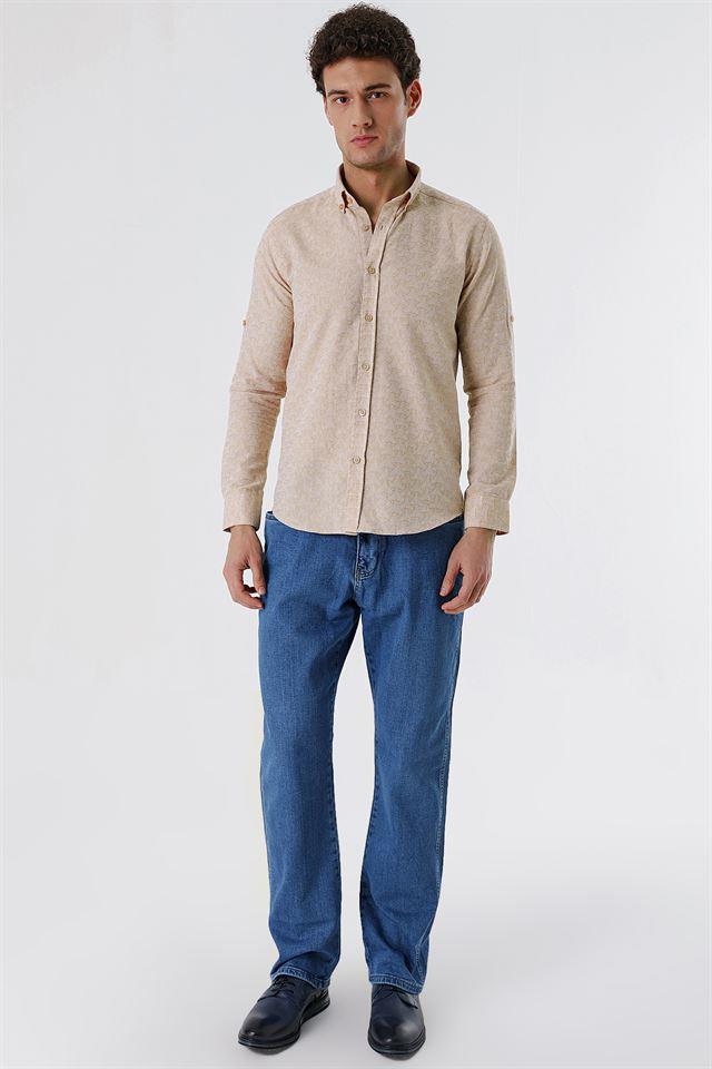 Bej Düğmeli Yaka Kısalabilir Kol Cepsiz Slim Fit Casual Pamuklu Gömlek 1004230181