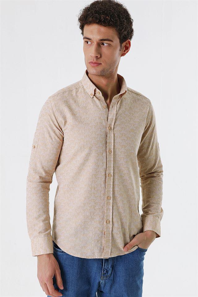 Bej Düğmeli Yaka Kısalabilir Kol Cepsiz Slim Fit Casual Pamuklu Gömlek 1004230181