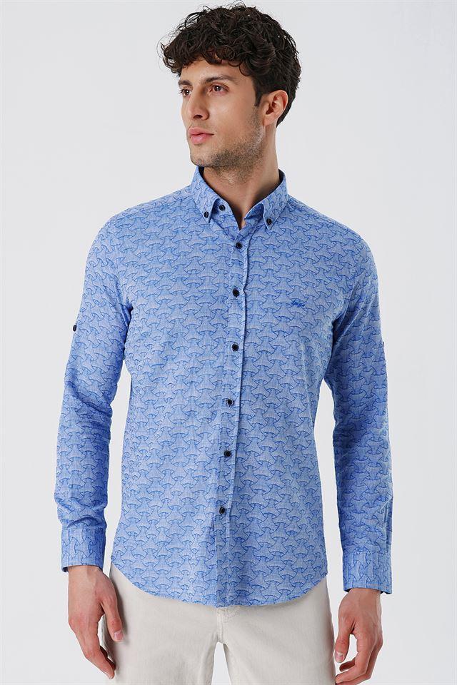 Mavi Düğmeli Yaka Kısalabilir Kol Cepsiz Slim Fit Casual Pamuklu Gömlek 1004230181