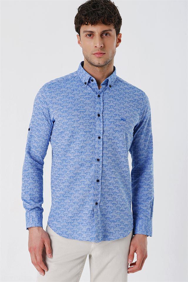 Mavi Düğmeli Yaka Kısalabilir Kol Cepsiz Slim Fit Casual Pamuklu Gömlek 1004230181