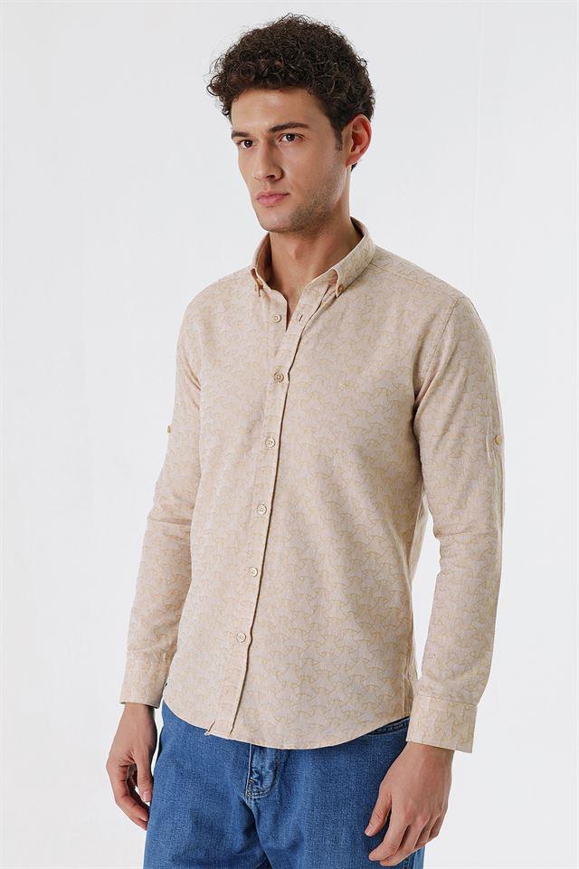 Bej Düğmeli Yaka Kısalabilir Kol Cepsiz Slim Fit Casual Pamuklu Gömlek 1004230181
