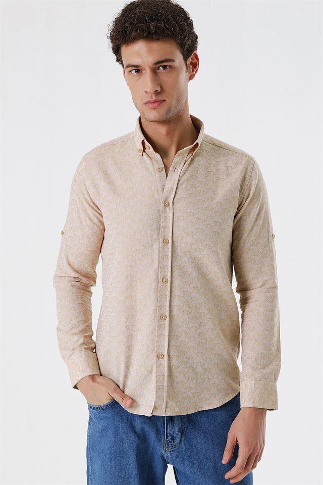 Bej Düğmeli Yaka Kısalabilir Kol Cepsiz Slim Fit Casual Pamuklu Gömlek 1004230181