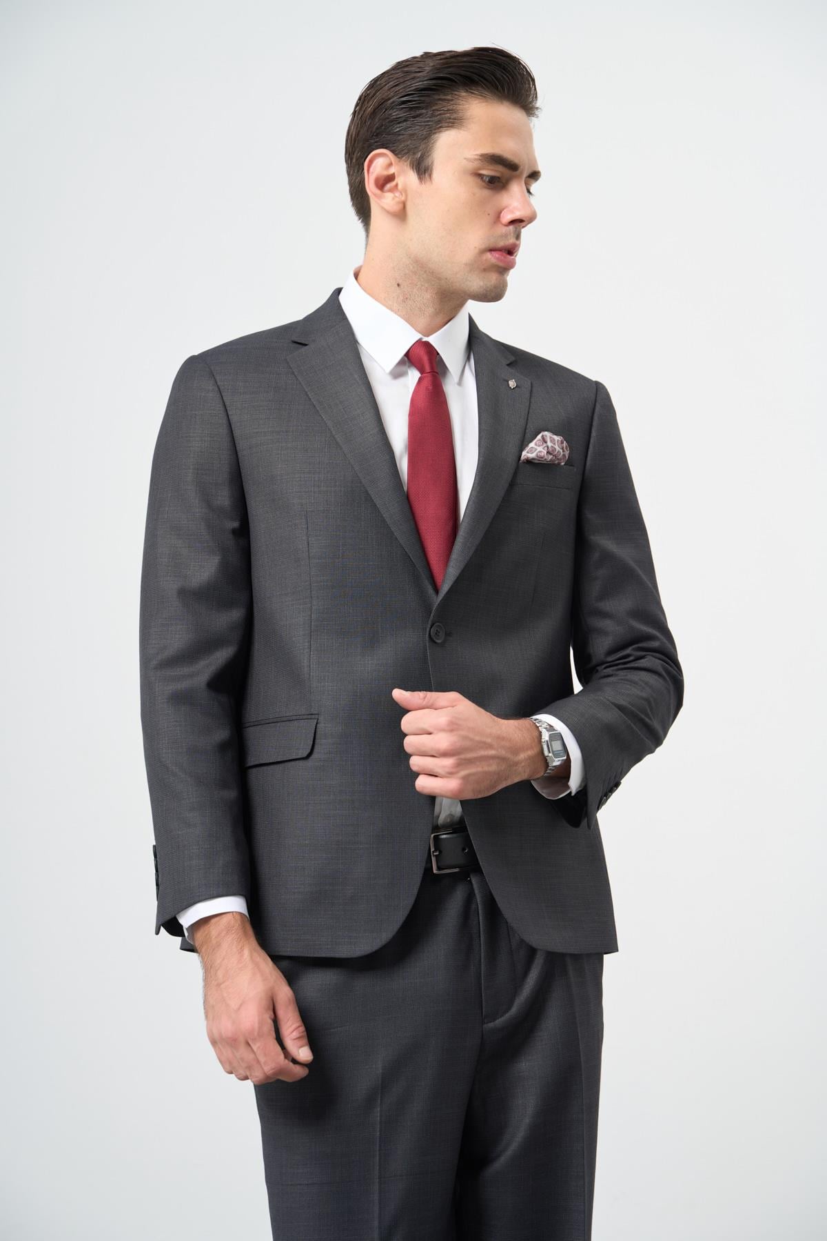 Füme  Kendinden Mono Yaka Çift Yırtmaç 2 Düğme 4 Drop Comfort Fit Classic Takım Elbise 1001245161