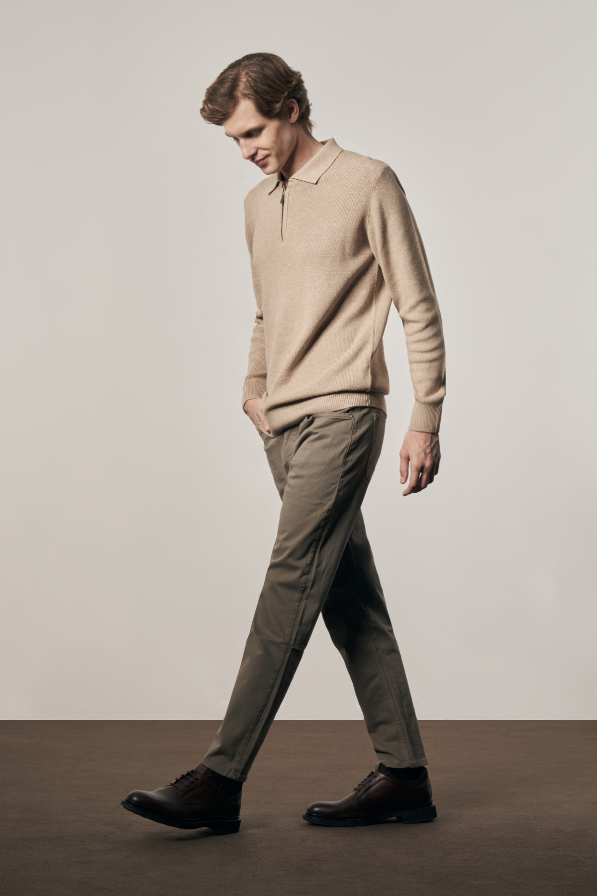 Bej Fermuarlı Polo Yaka Uzun Kol Cepsiz Comfort Fit Casual Pamuklu Triko Kazak 1012255202