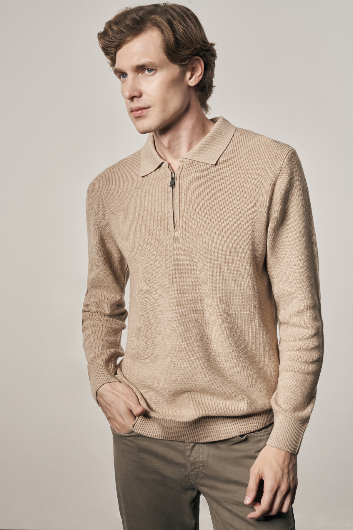 Bej Fermuarlı Polo Yaka Uzun Kol Cepsiz Comfort Fit Casual Pamuklu Triko Kazak 1012255202