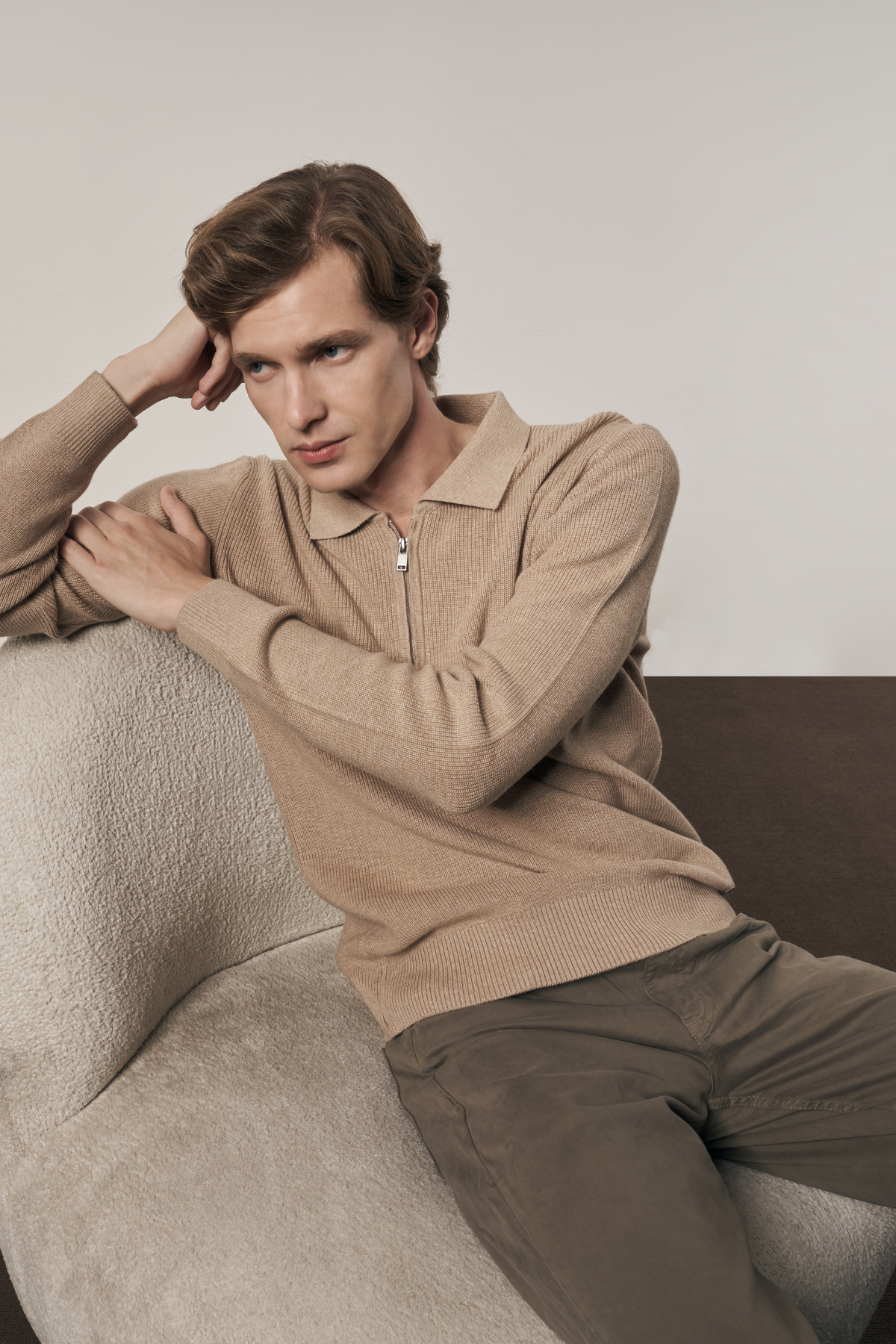 Bej Fermuarlı Polo Yaka Uzun Kol Cepsiz Comfort Fit Casual Pamuklu Triko Kazak 1012255202