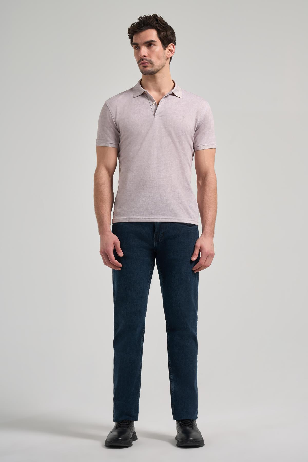 Bej Kısa Kol Baskılı Pike Polo Yaka Cepsiz esnek Casual Slim Fit Tişört 1011250151