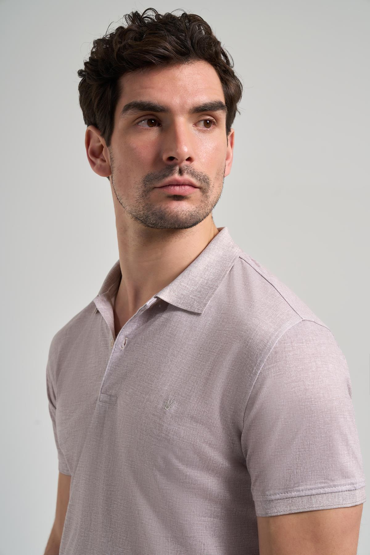 Bej Kısa Kol Baskılı Pike Polo Yaka Cepsiz esnek Casual Slim Fit Tişört 1011250151