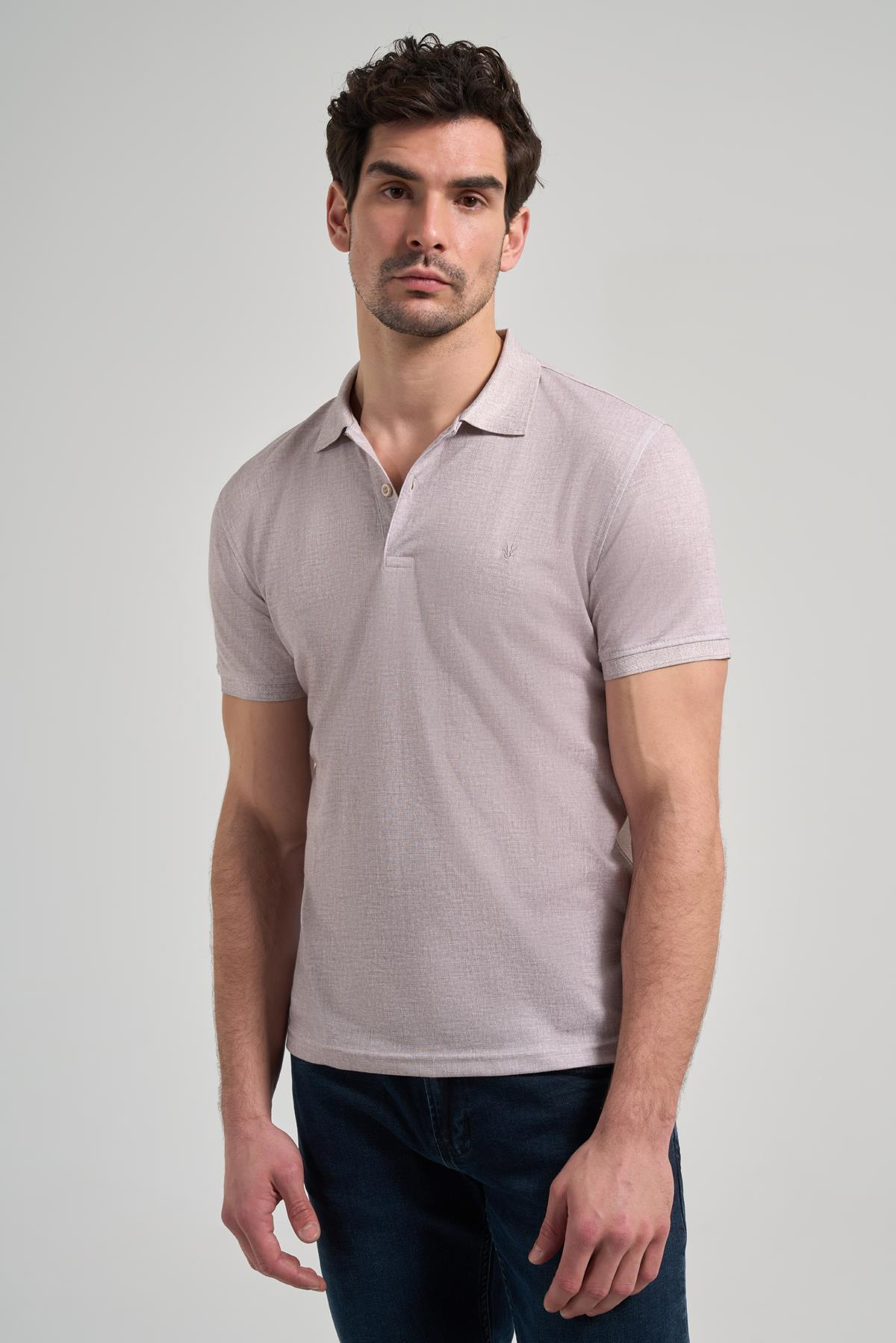Bej Kısa Kol Baskılı Pike Polo Yaka Cepsiz esnek Casual Slim Fit Tişört 1011250151