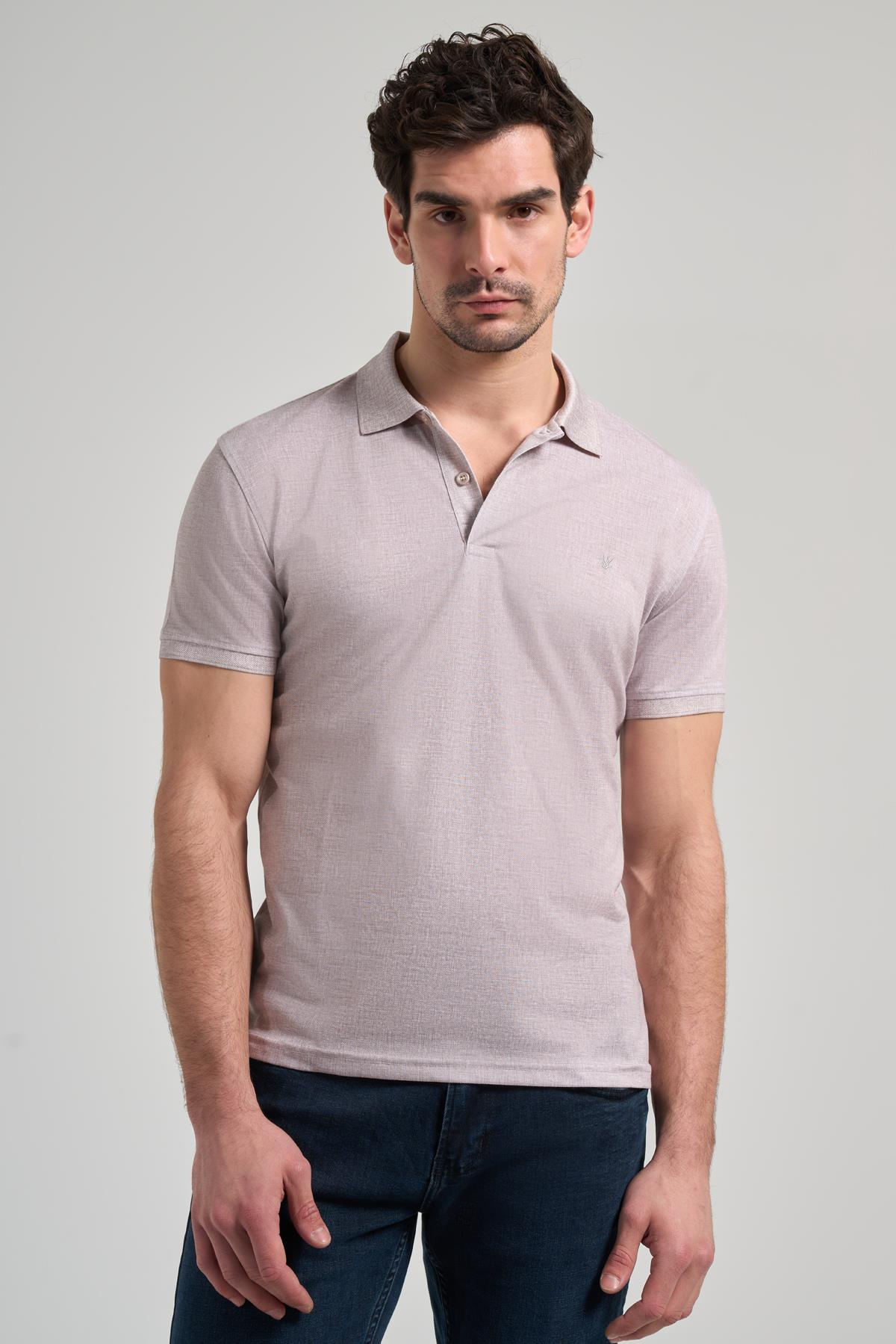 Bej Kısa Kol Baskılı Pike Polo Yaka Cepsiz esnek Casual Slim Fit Tişört 1011250151