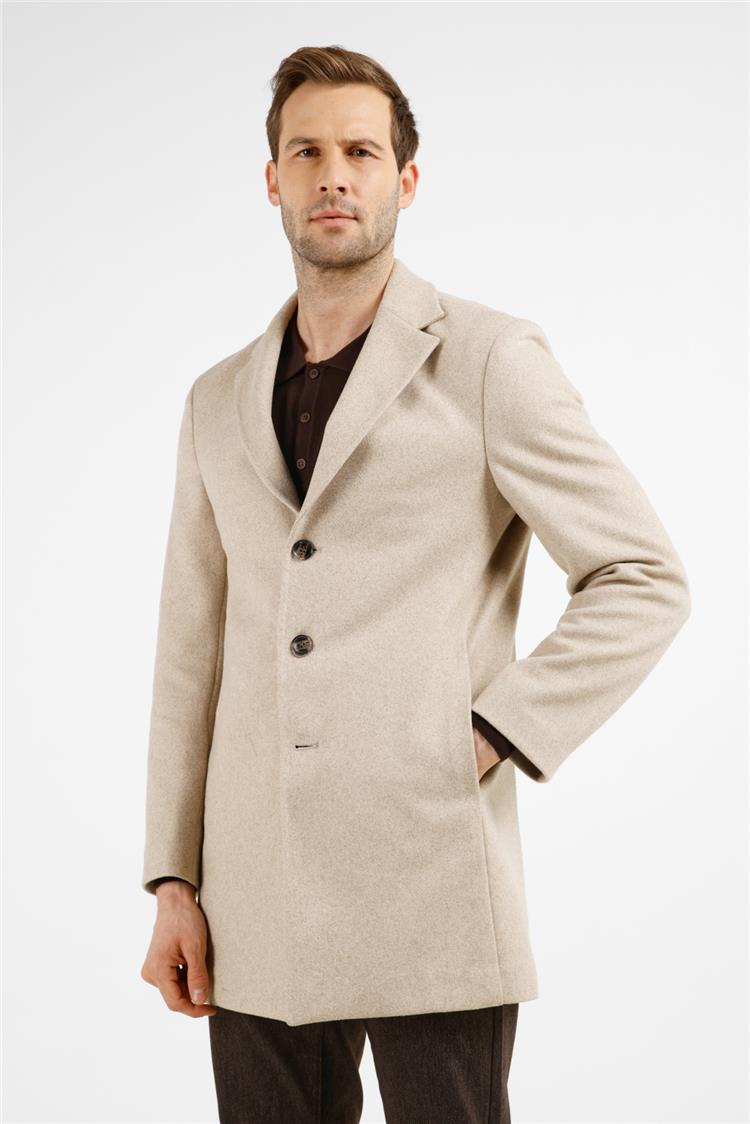 Bej Mono Yaka Esnek Slim Fit Classic Kaşe Palto 1005255101