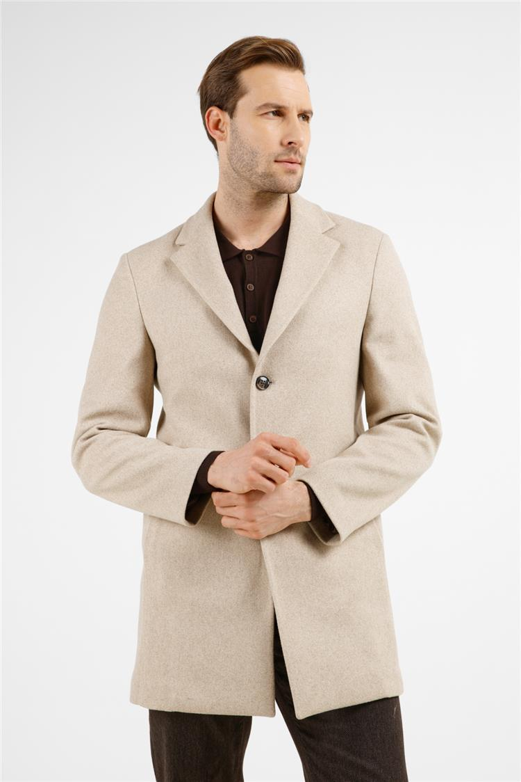 Bej Mono Yaka Esnek Slim Fit Classic Kaşe Palto 1005255101