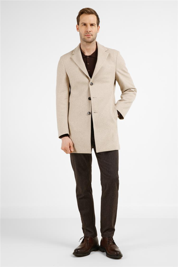 Bej Mono Yaka Esnek Slim Fit Classic Kaşe Palto 1005255101